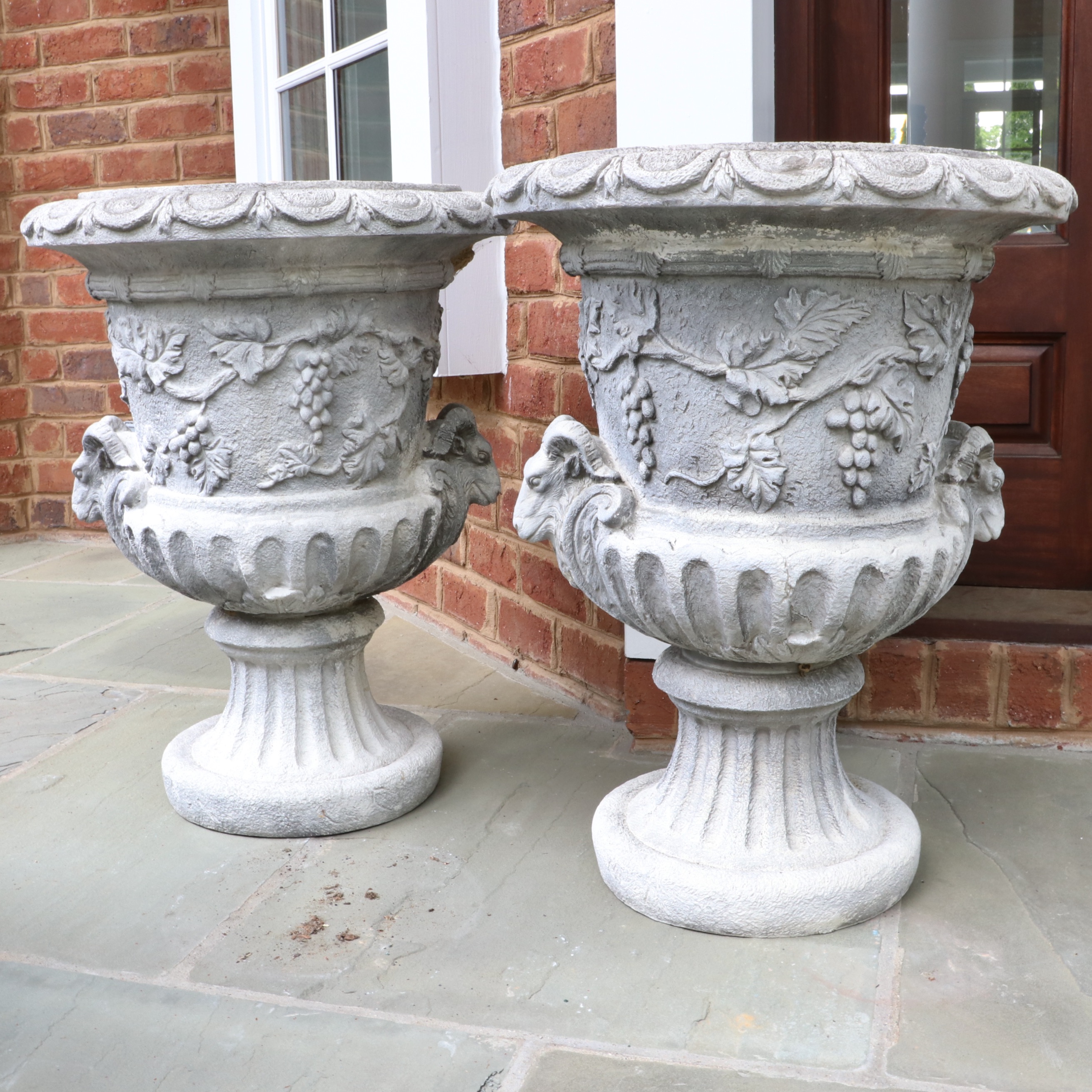 Neoclassical Ram's Head and Grapevine Urn Garden Planters