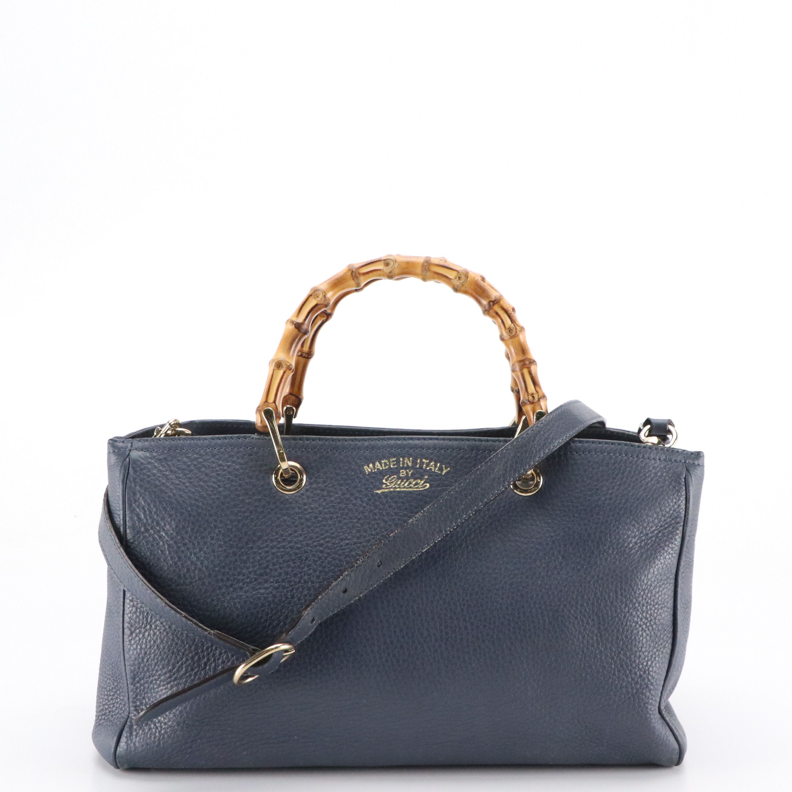Gucci Bamboo Handle Two-Way Shopper Tote in Navy Blue Grained Calfskin Leather