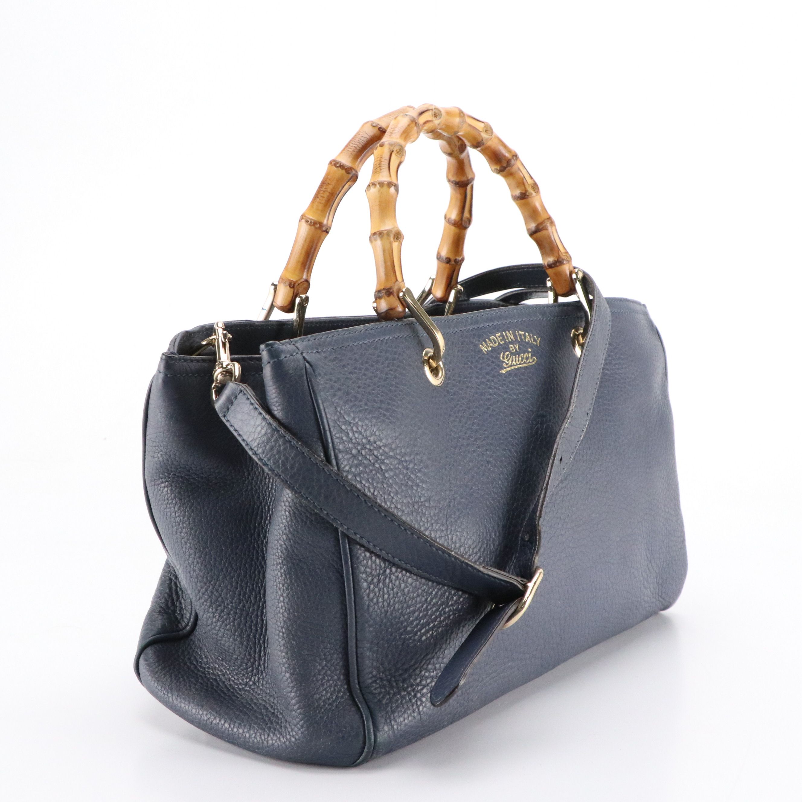 Gucci Bamboo Handle Two-Way Shopper Tote in Navy Blue Grained Calfskin Leather