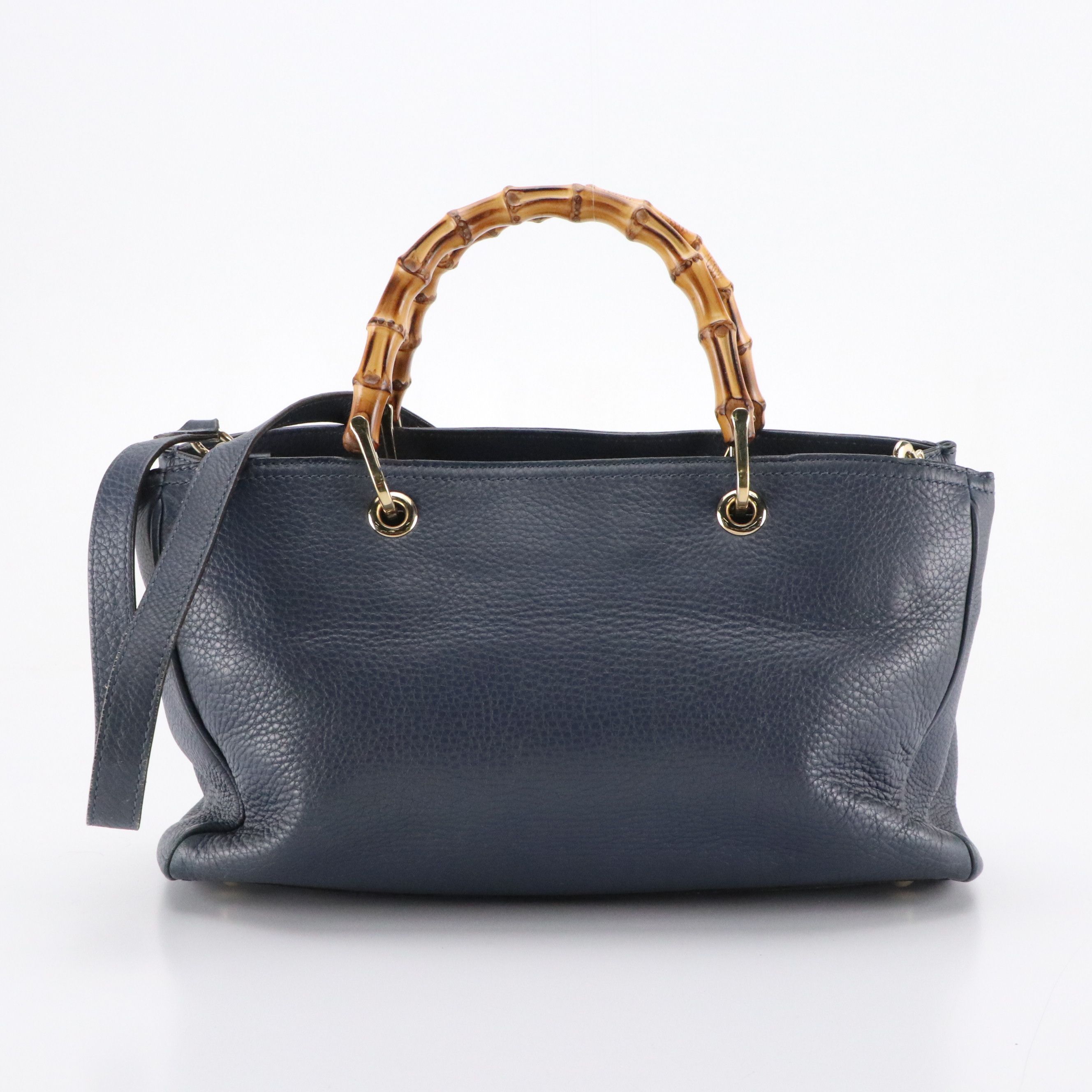 Gucci Bamboo Handle Two-Way Shopper Tote in Navy Blue Grained Calfskin Leather