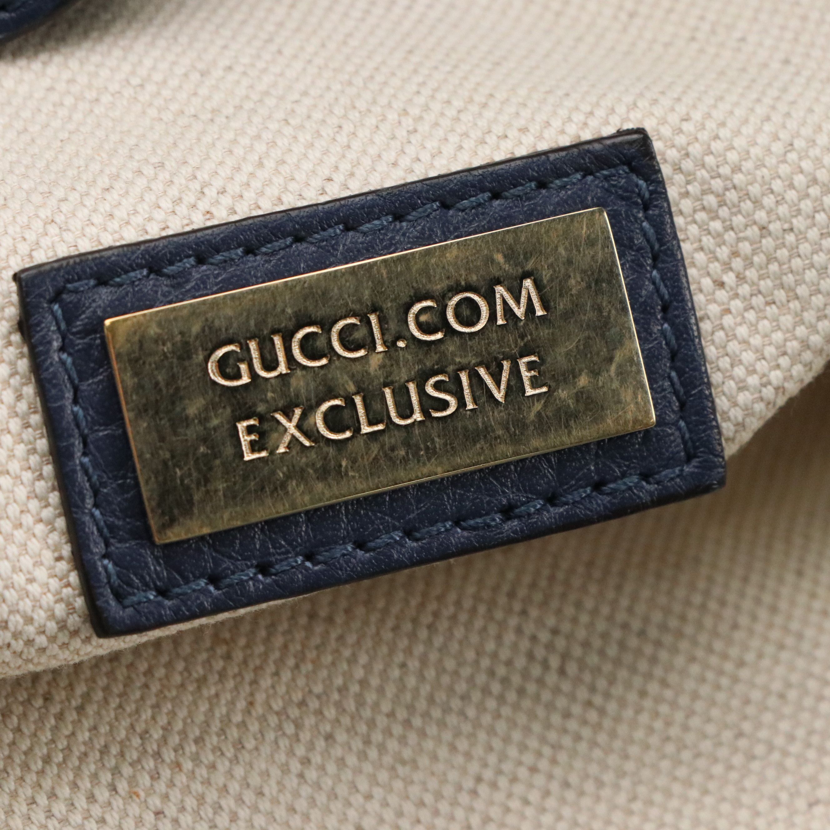 Gucci Bamboo Handle Two-Way Shopper Tote in Navy Blue Grained Calfskin Leather