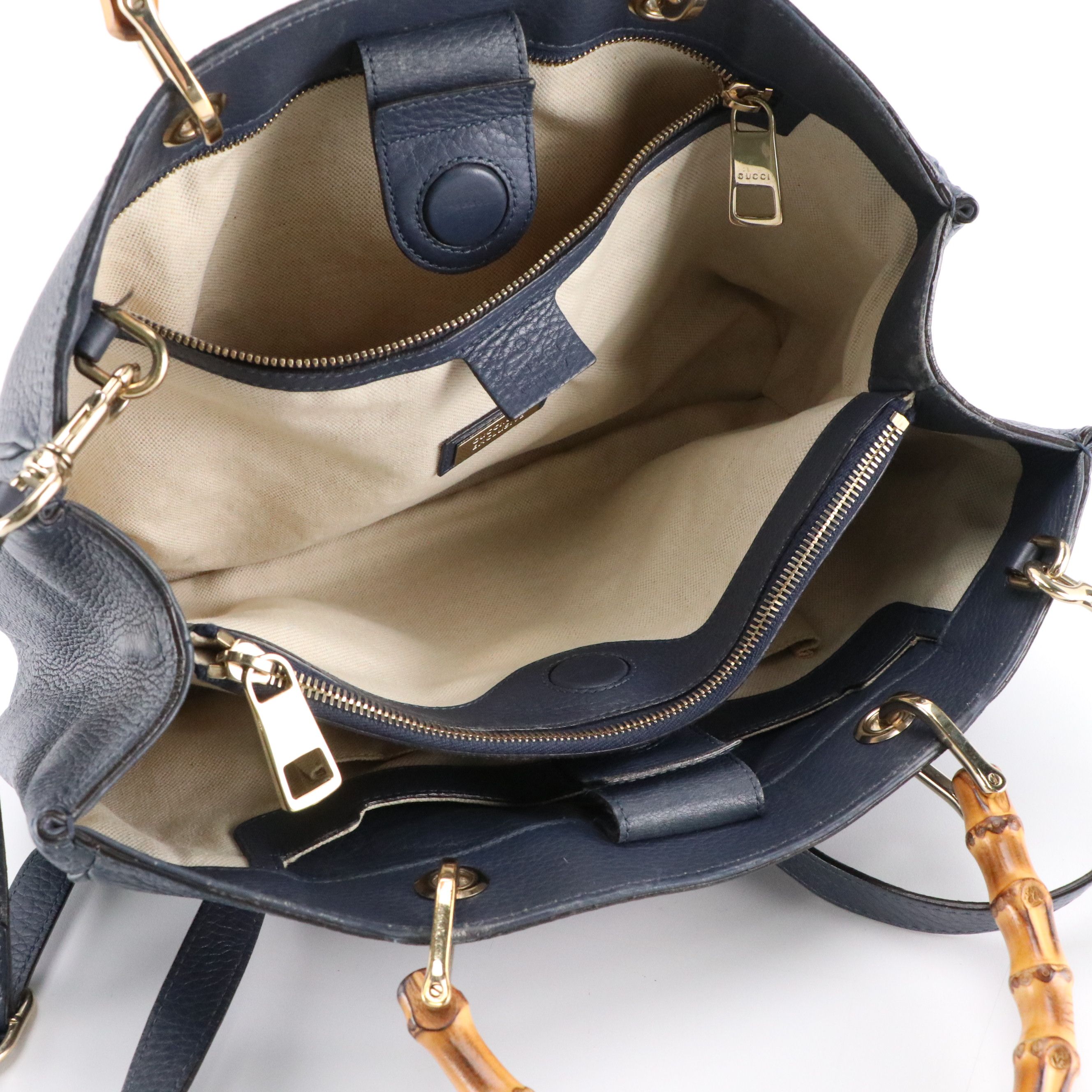Gucci Bamboo Handle Two-Way Shopper Tote in Navy Blue Grained Calfskin Leather