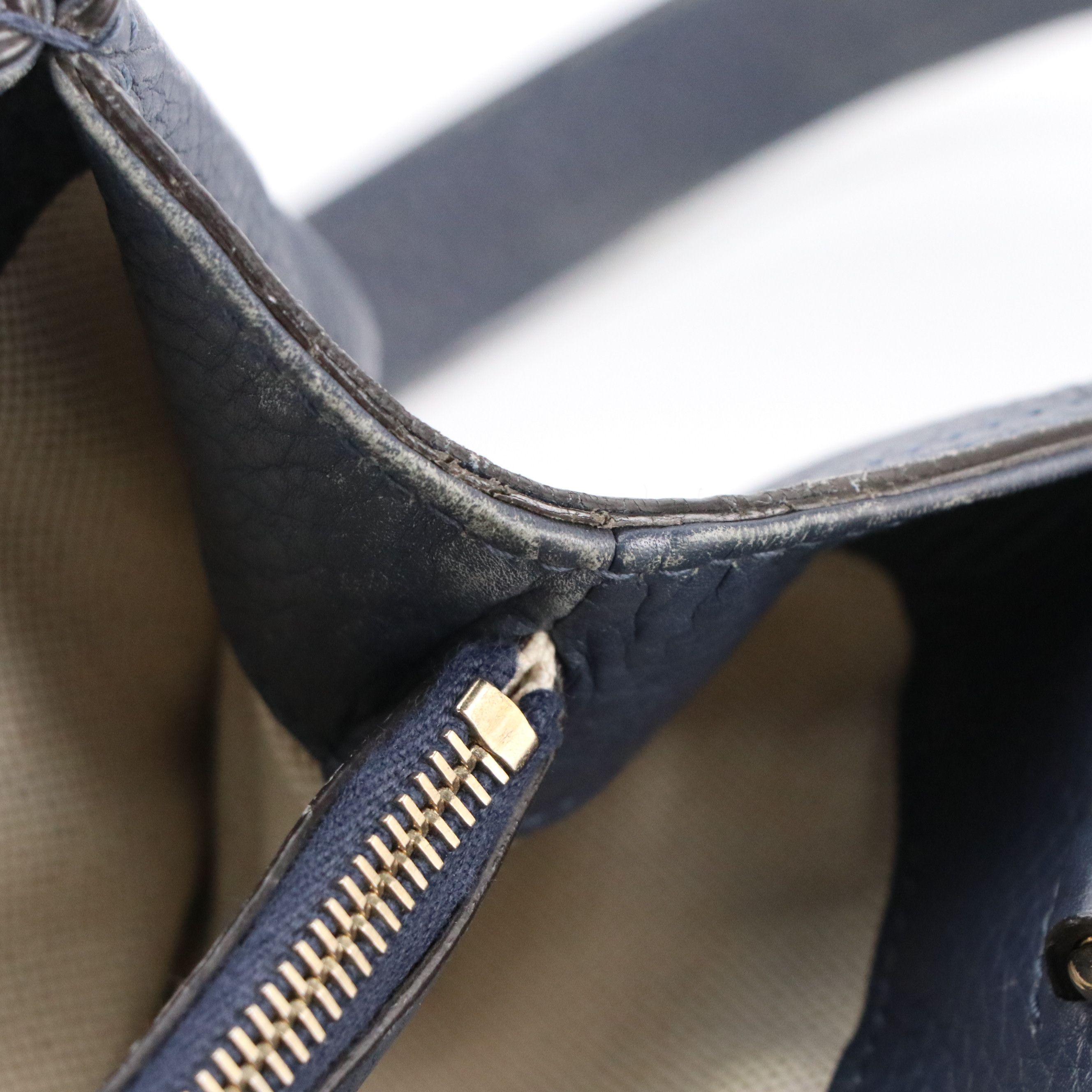 Gucci Bamboo Handle Two-Way Shopper Tote in Navy Blue Grained Calfskin Leather