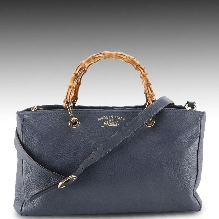 Gucci Bamboo Handle Two-Way Shopper Tote in Navy Blue Grained Calfskin Leather