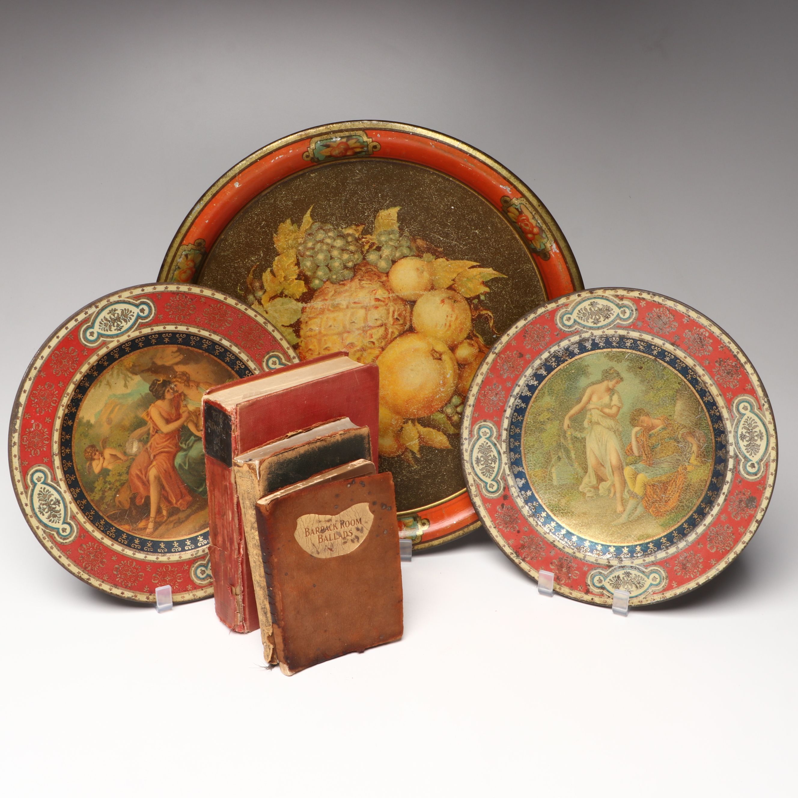 "The Works of Edgar Allan Poe" with Other Leather Bound Books and Toleware Trays