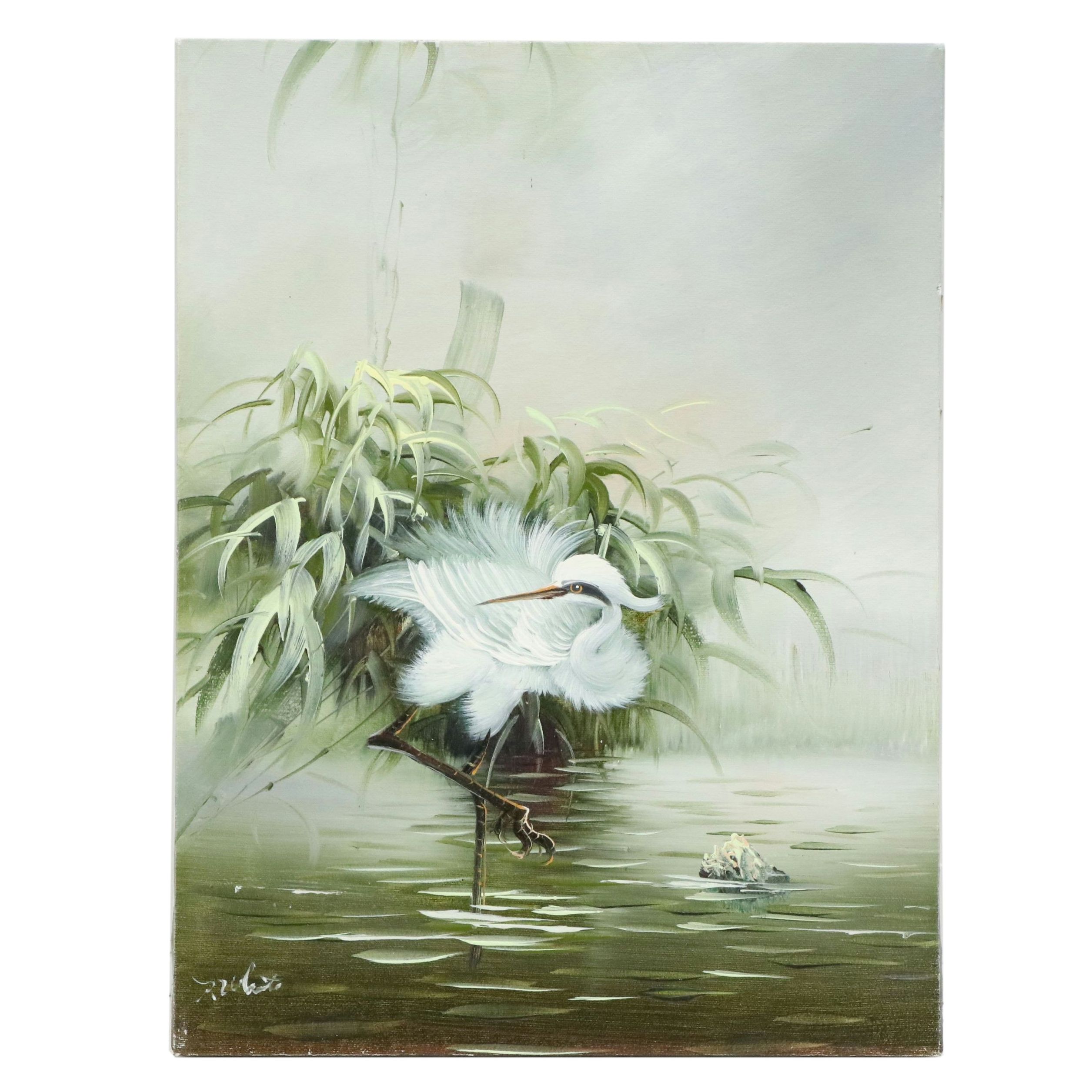 Oil Painting of Heron in Water, Late 20th to 21st Century
