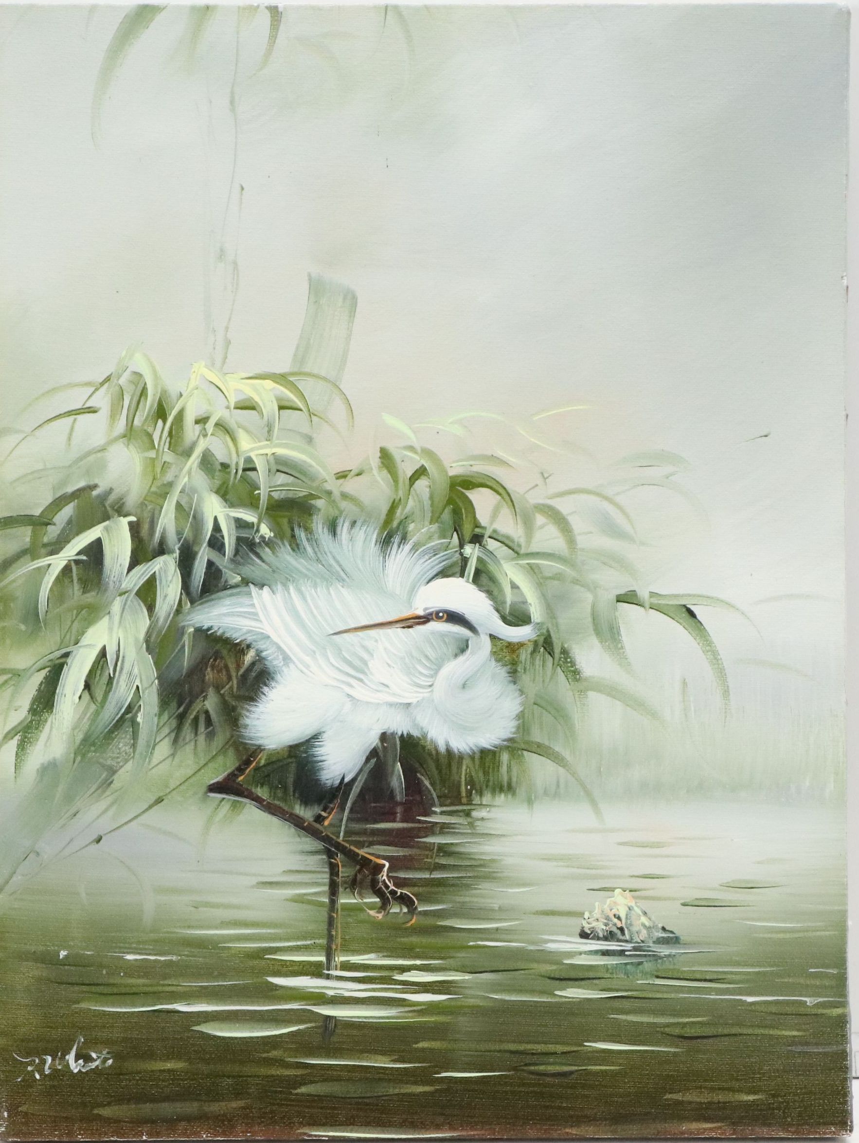 Oil Painting of Heron in Water, Late 20th to 21st Century