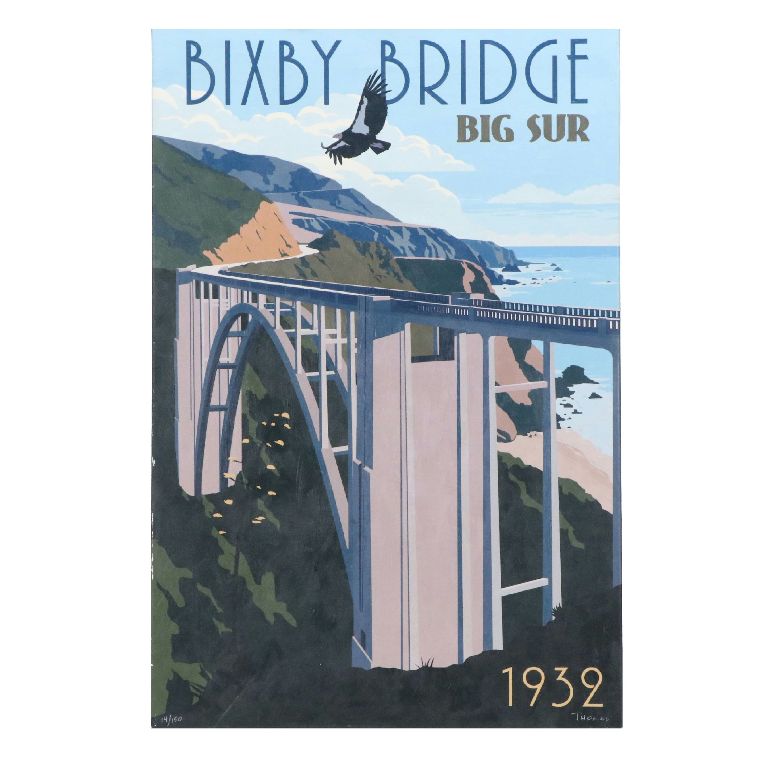 Embellished Giclée on Canvas "Bixby Bridge, Big Sur, 1932," 21st Century