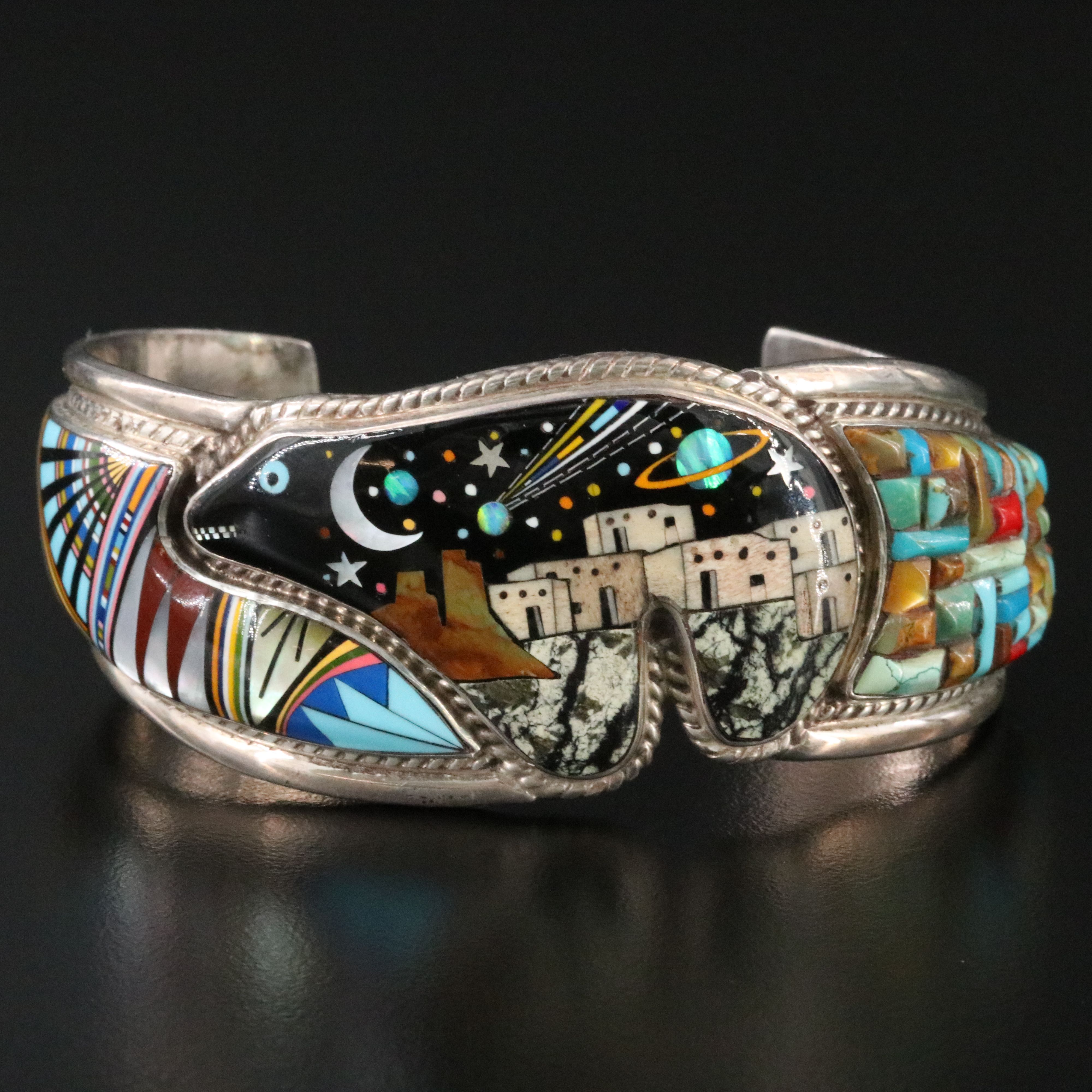 Sterling Inlay Cuff Featuring Mother of Pearl, Jasper, and Opal