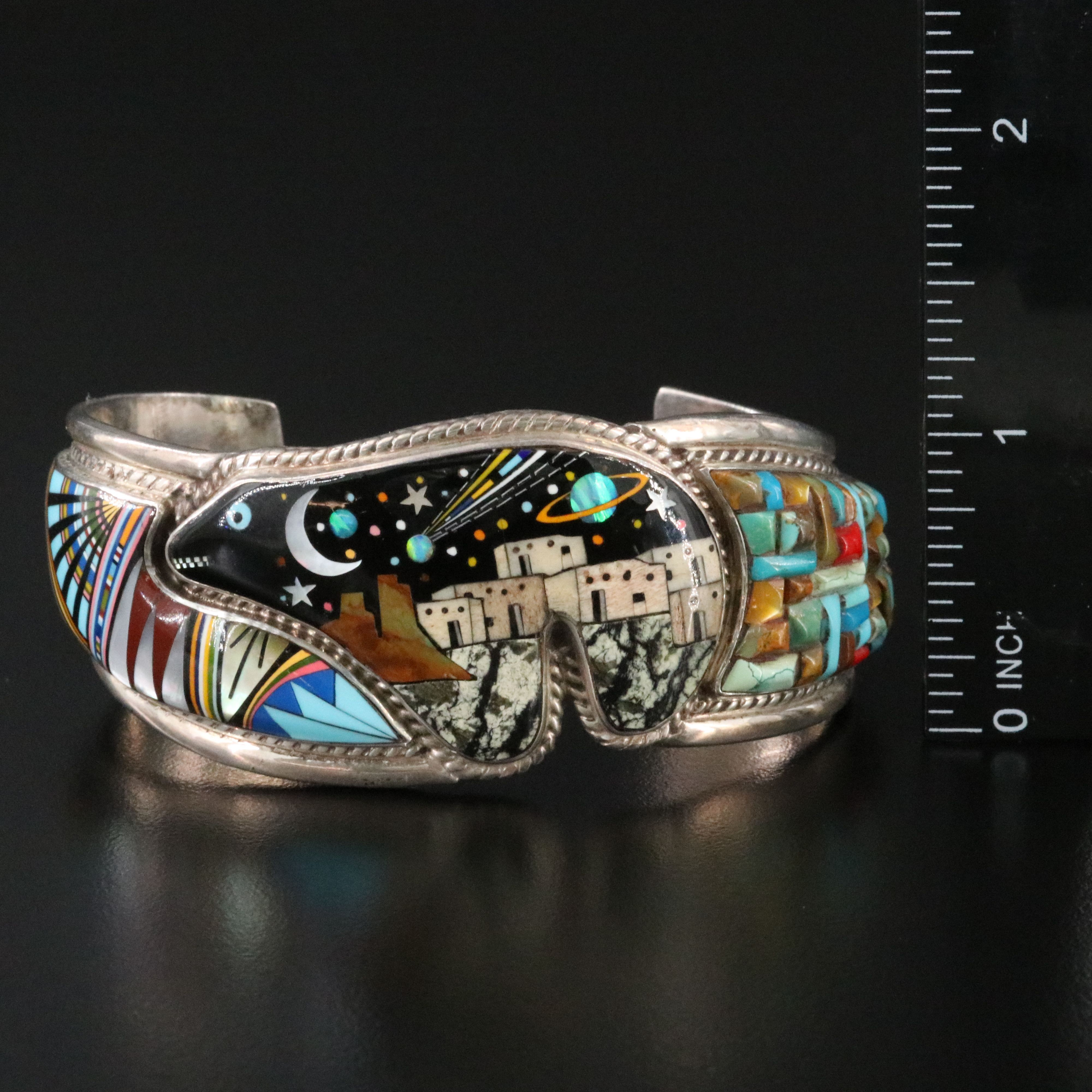 Sterling Inlay Cuff Featuring Mother of Pearl, Jasper, and Opal