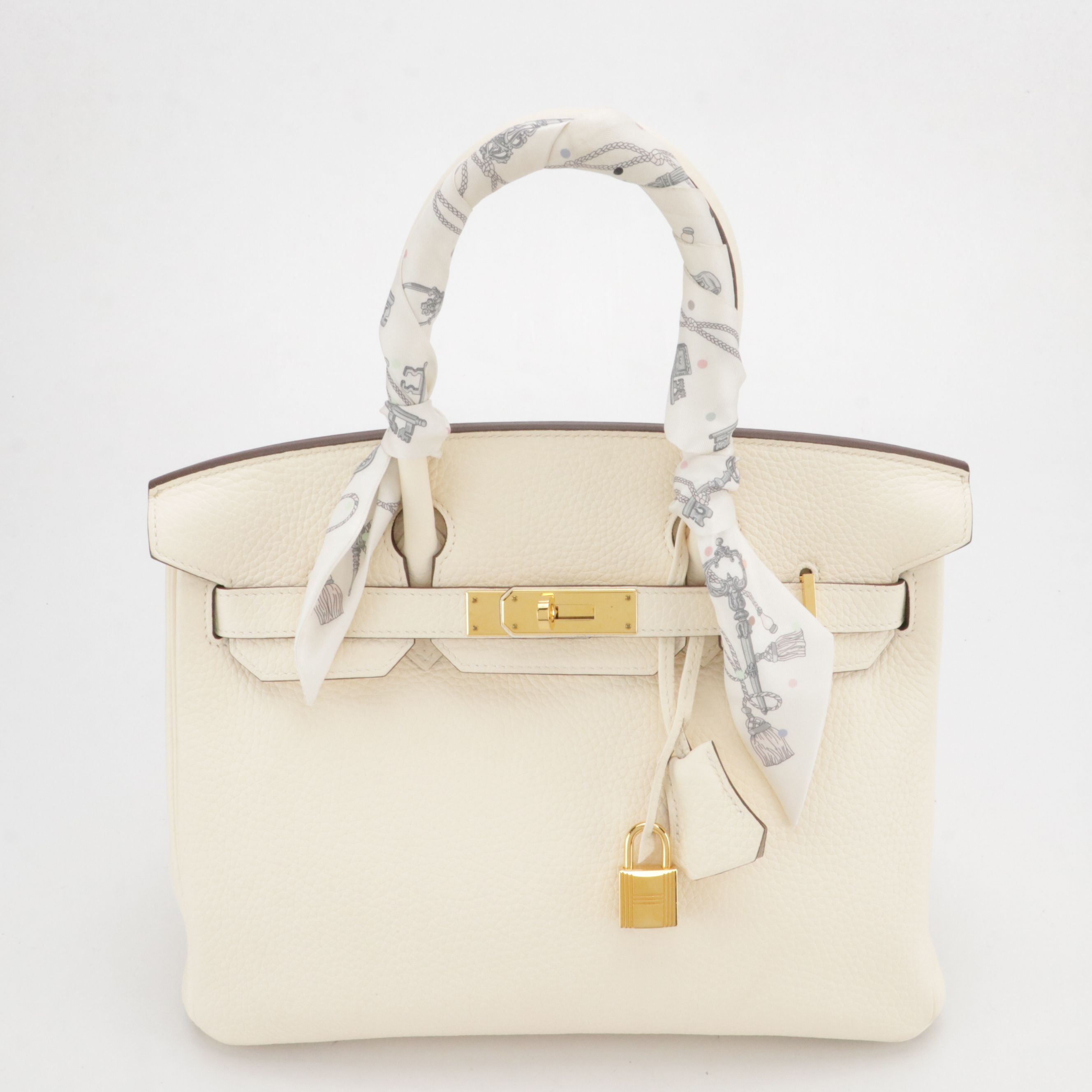 Hermès Birkin 30 Satchel in Ivory Clemence Leather with "Les Cles a Pois" Twilly