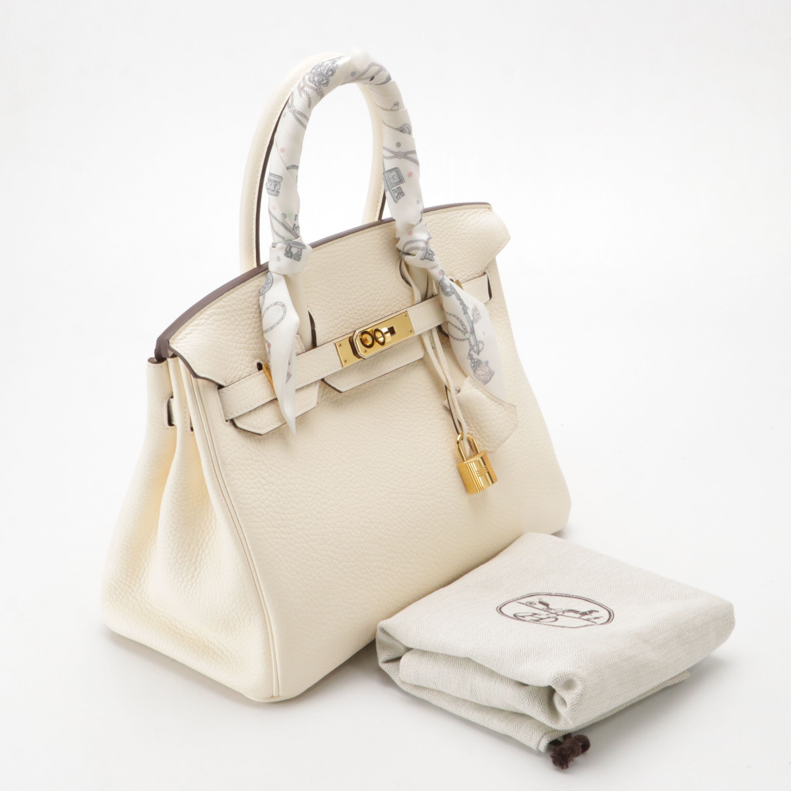 Hermès Birkin 30 Satchel in Ivory Clemence Leather with "Les Cles a Pois" Twilly