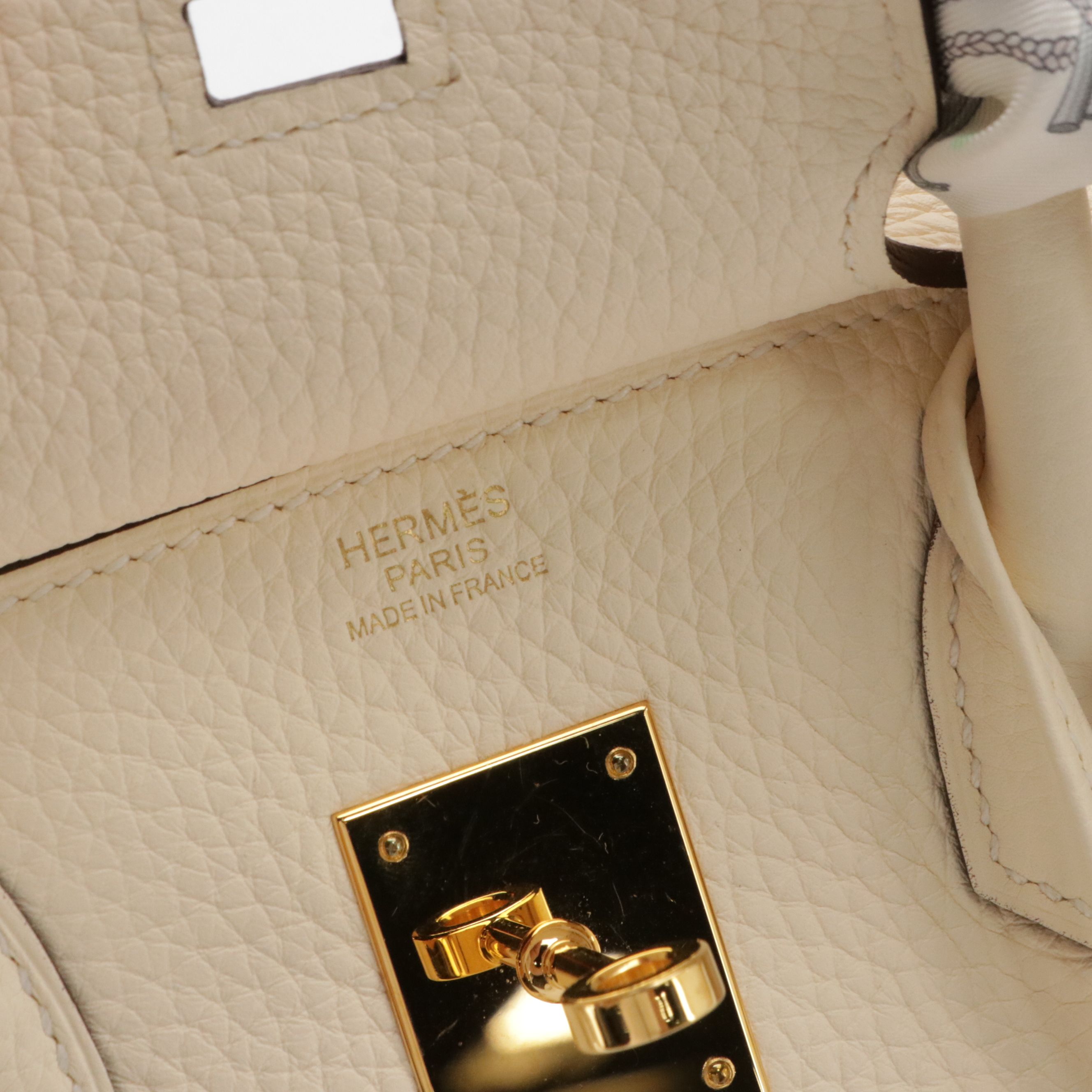 Hermès Birkin 30 Satchel in Ivory Clemence Leather with "Les Cles a Pois" Twilly