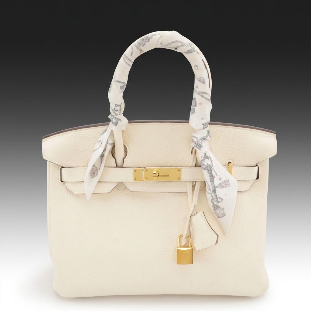 Hermès Birkin 30 Satchel in Ivory Clemence Leather with "Les Cles a Pois" Twilly