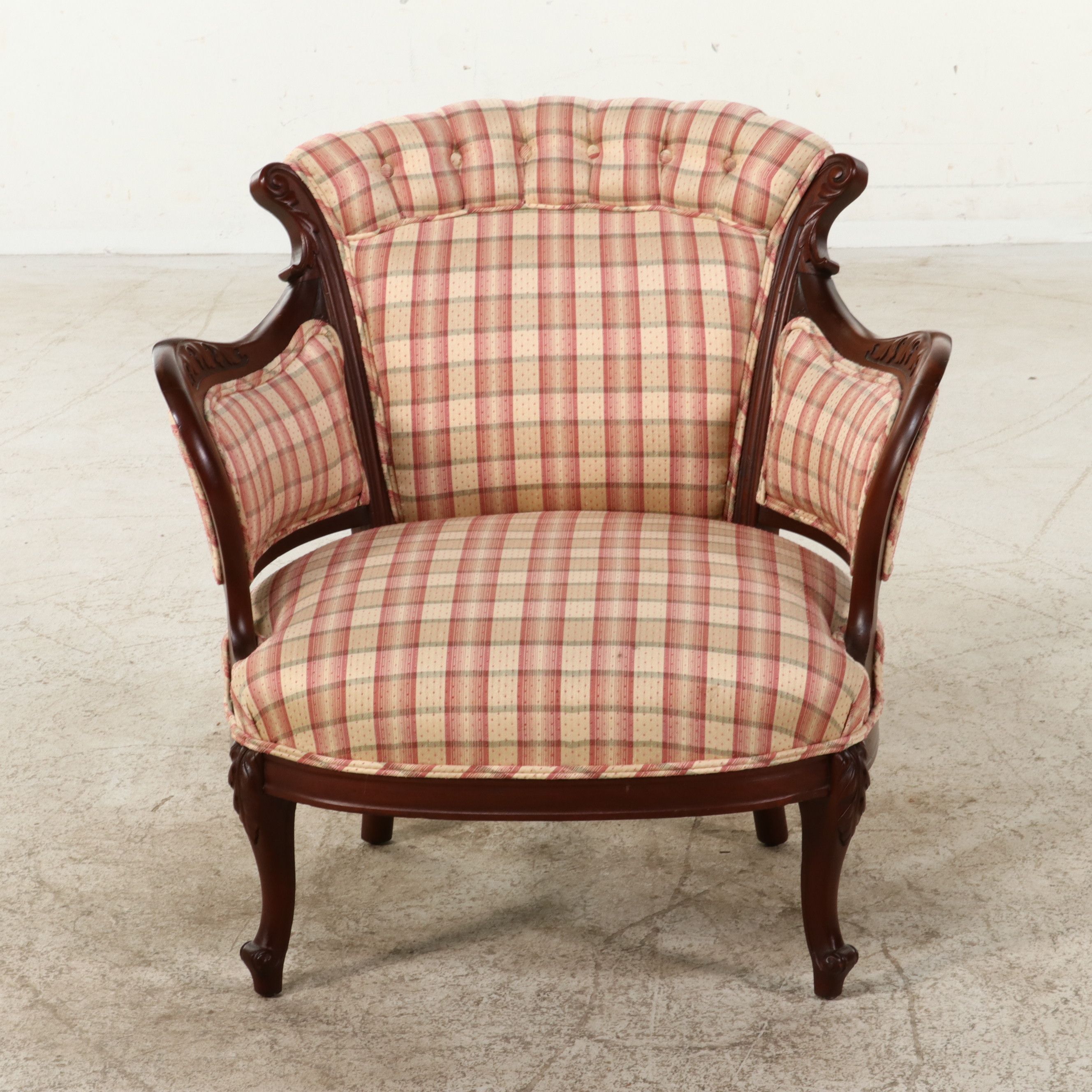 Louis Philippe Style Plaid Upholstered Bergère, Late 20th Century