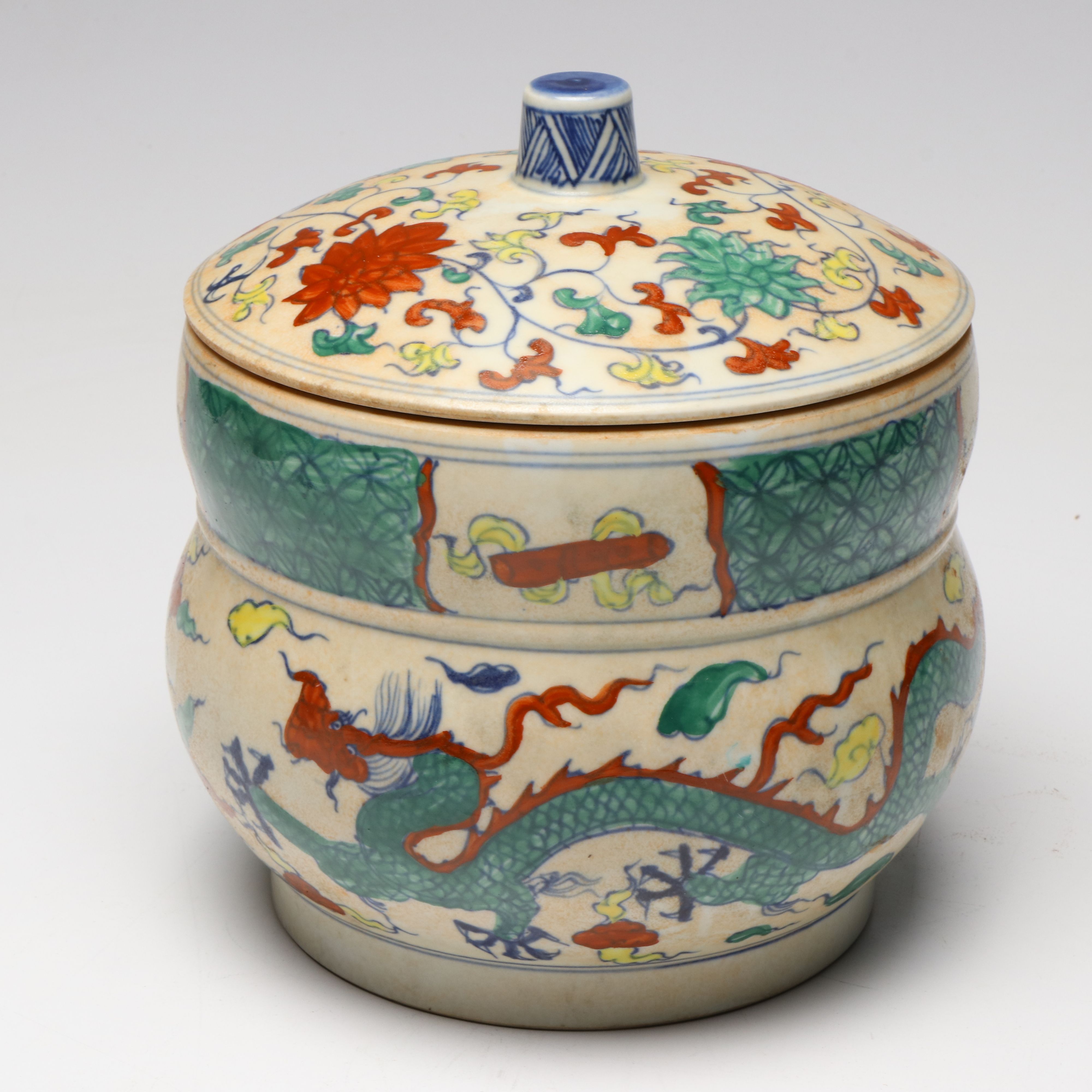 Chinese Ming Style Doucai Dragon Porcelain Lidded Jar and Bowl
