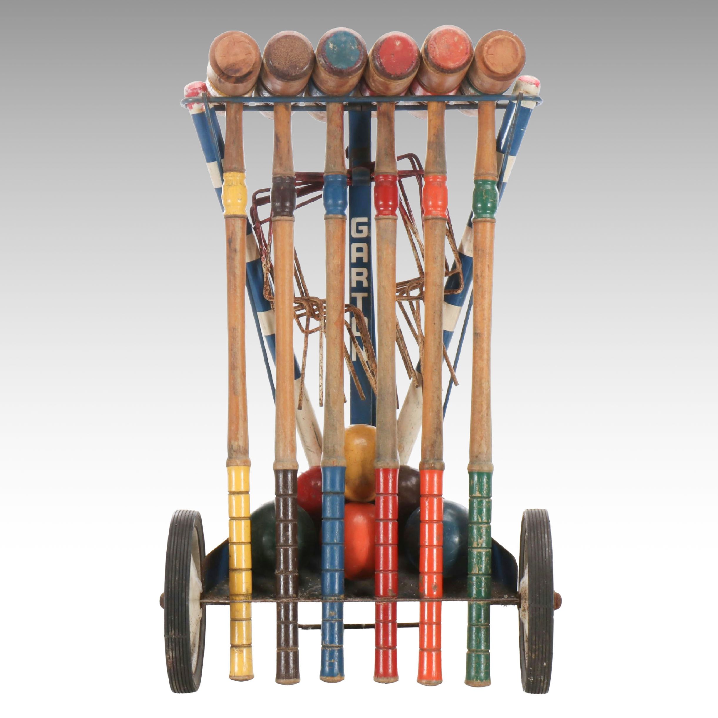 Garton Rollway Croquet with Wheeled Wooden Cart, Mid-20th Century