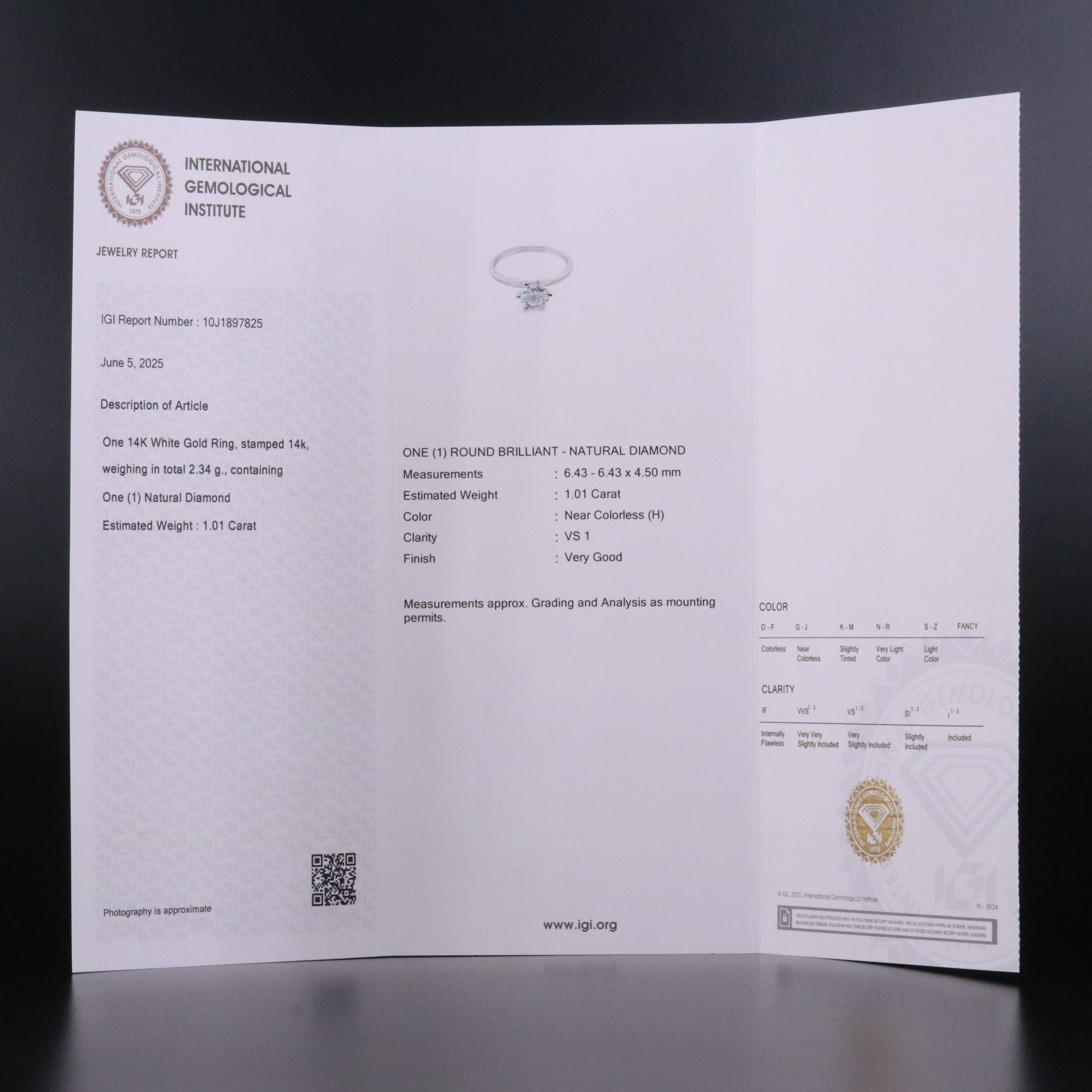 14K 1.01 CT Lab Grown Diamond Solitaire Ring with IGI Jewelry Report