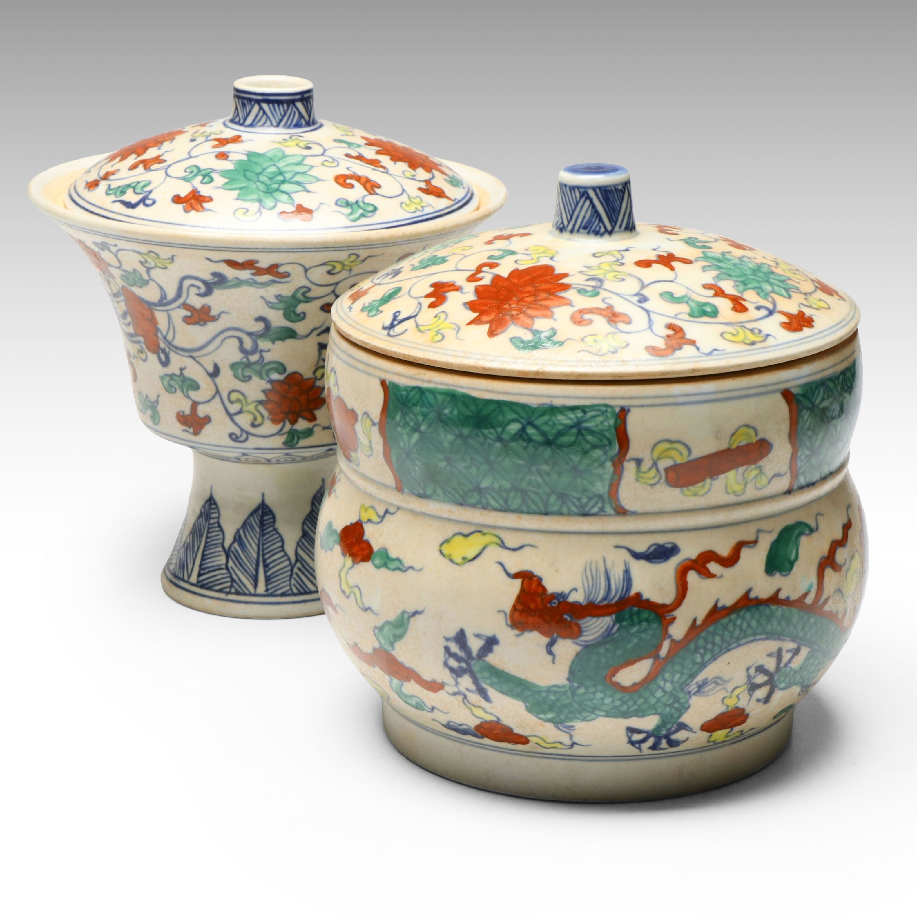 Chinese Ming Style Doucai Dragon Porcelain Lidded Jar and Bowl