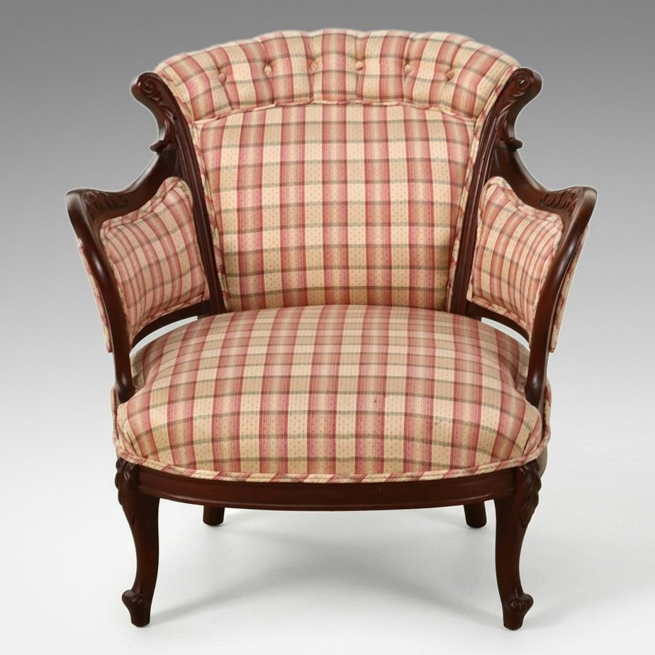 Louis Philippe Style Plaid Upholstered Bergère, Late 20th Century