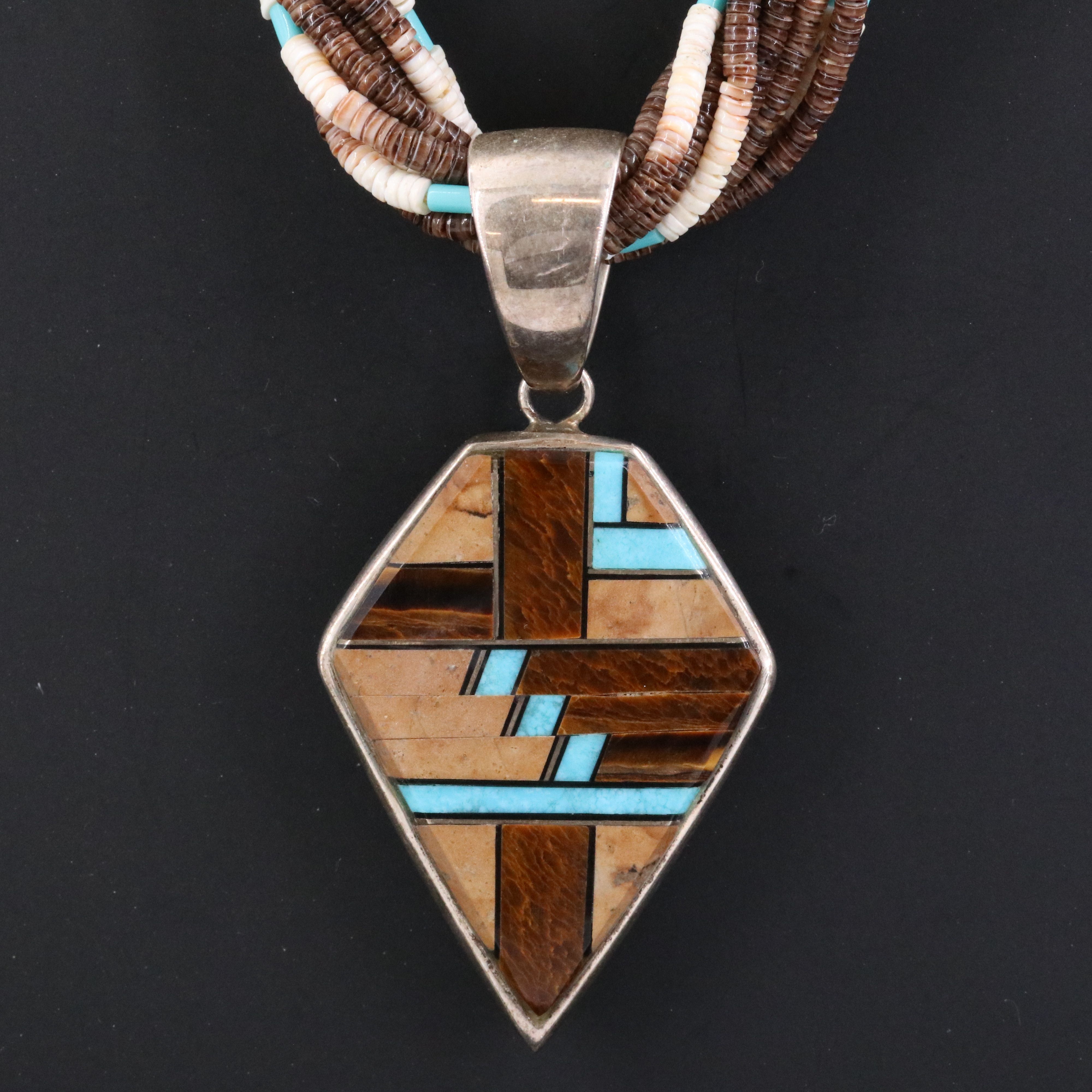 Sterling Turquoise and Jasper Inlay Pendant and Ten Strand Heishi Bead Necklace