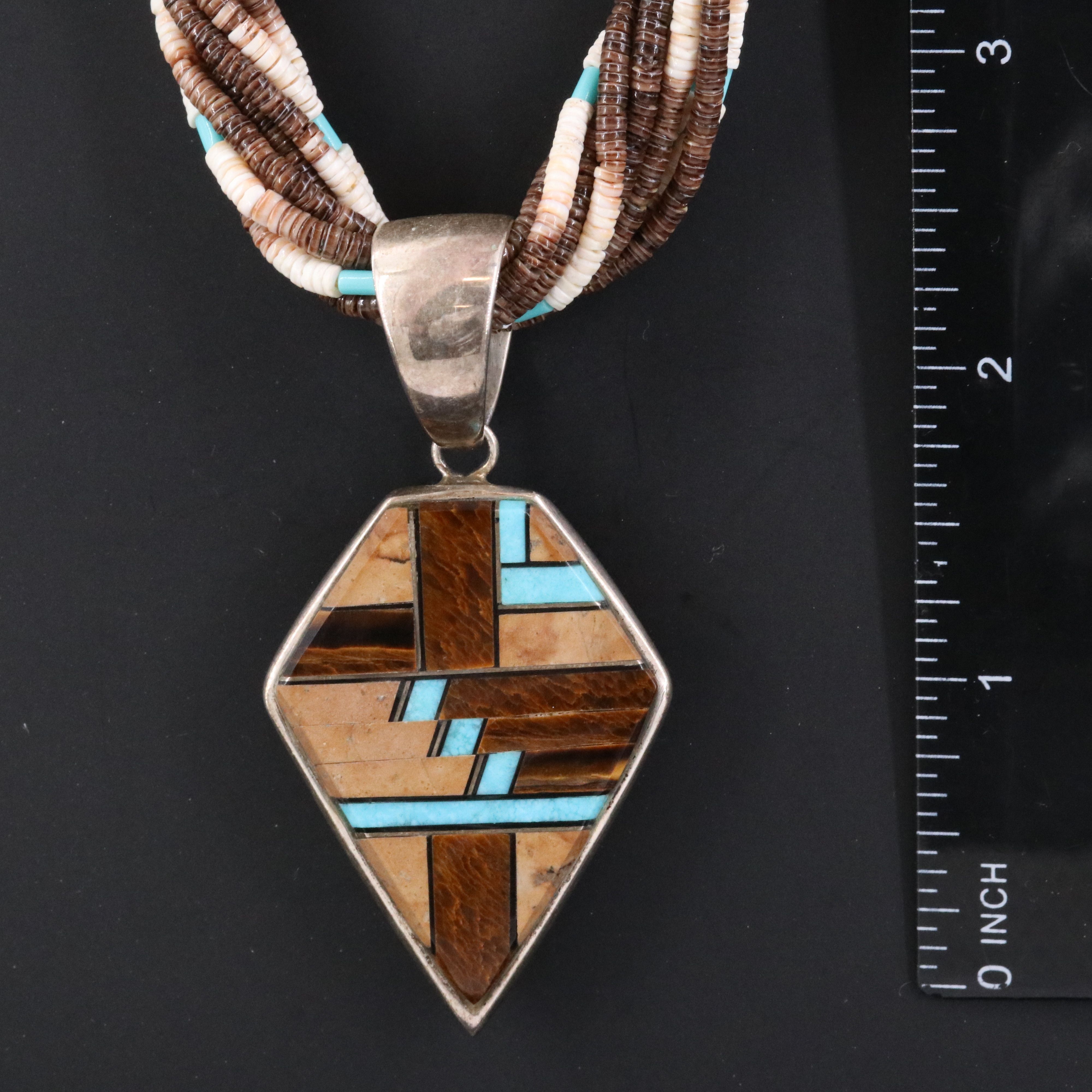 Sterling Turquoise and Jasper Inlay Pendant and Ten Strand Heishi Bead Necklace