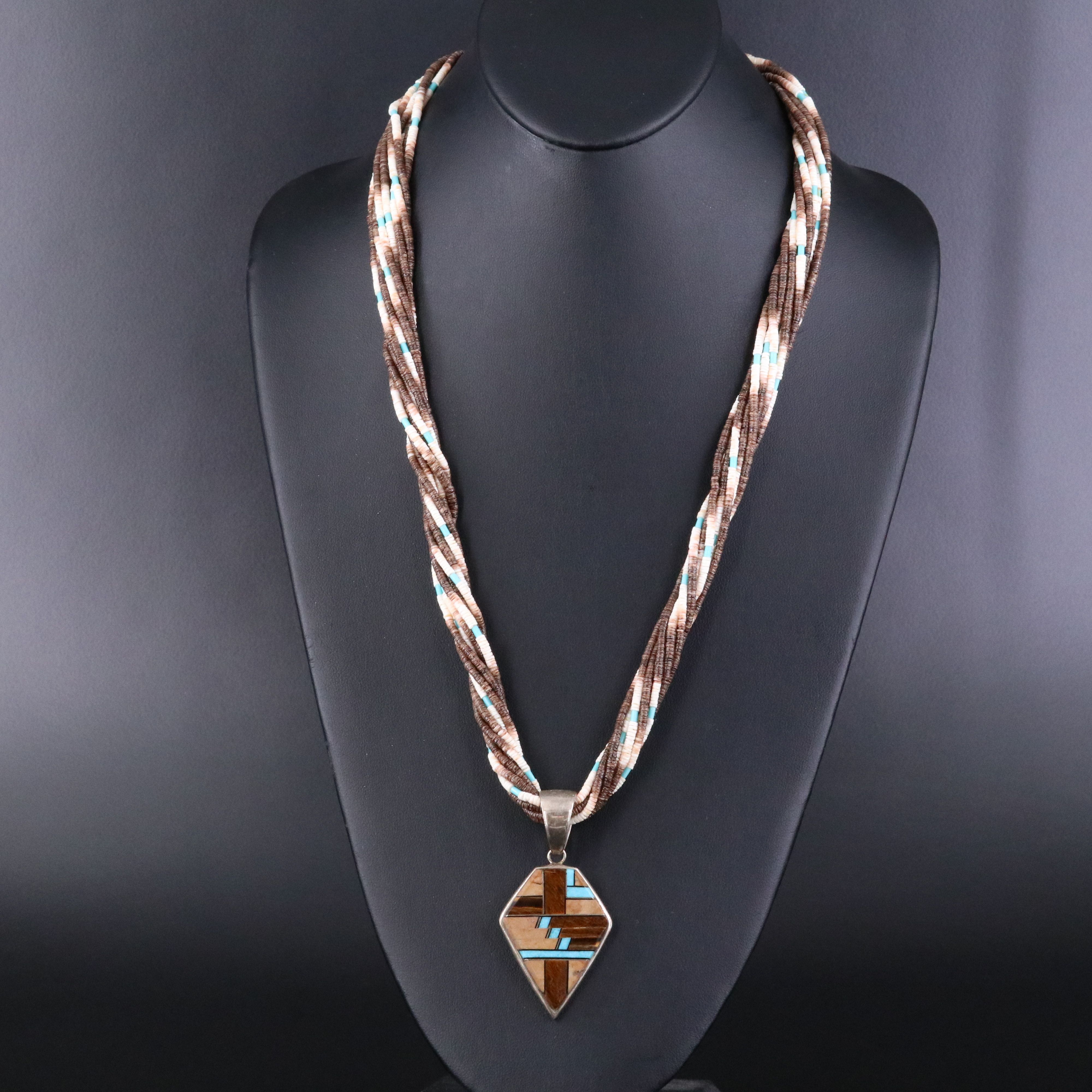 Sterling Turquoise and Jasper Inlay Pendant and Ten Strand Heishi Bead Necklace