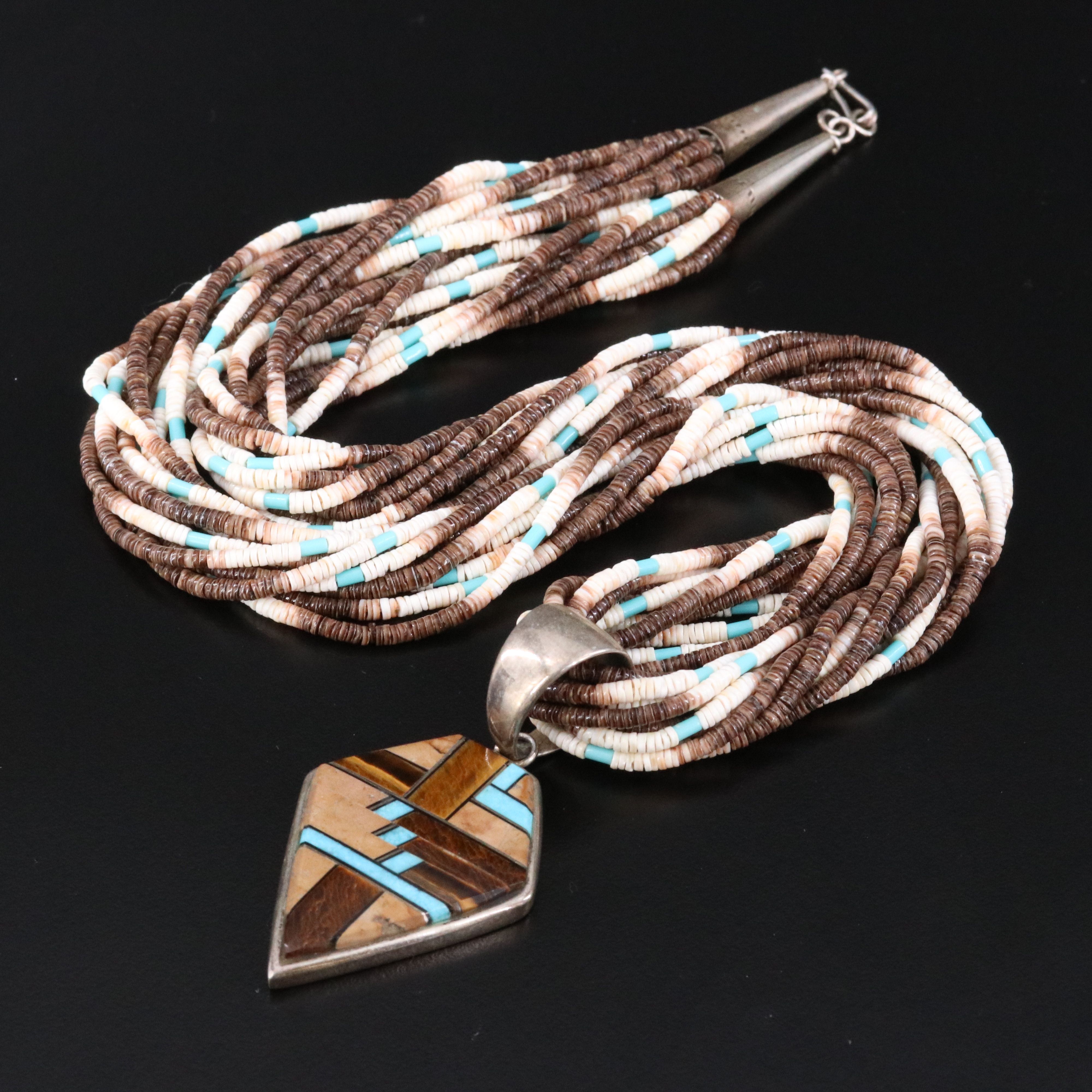 Sterling Turquoise and Jasper Inlay Pendant and Ten Strand Heishi Bead Necklace
