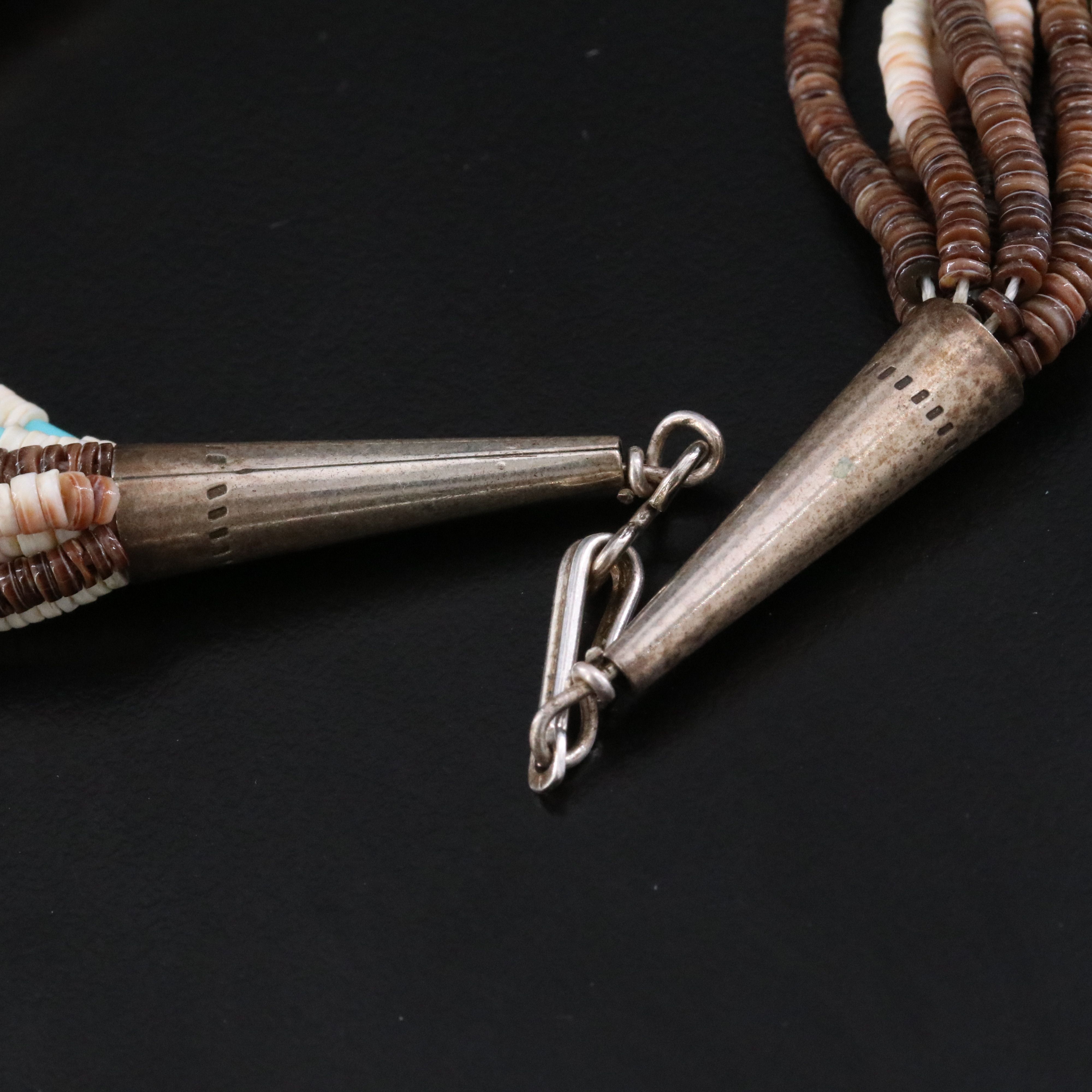 Sterling Turquoise and Jasper Inlay Pendant and Ten Strand Heishi Bead Necklace