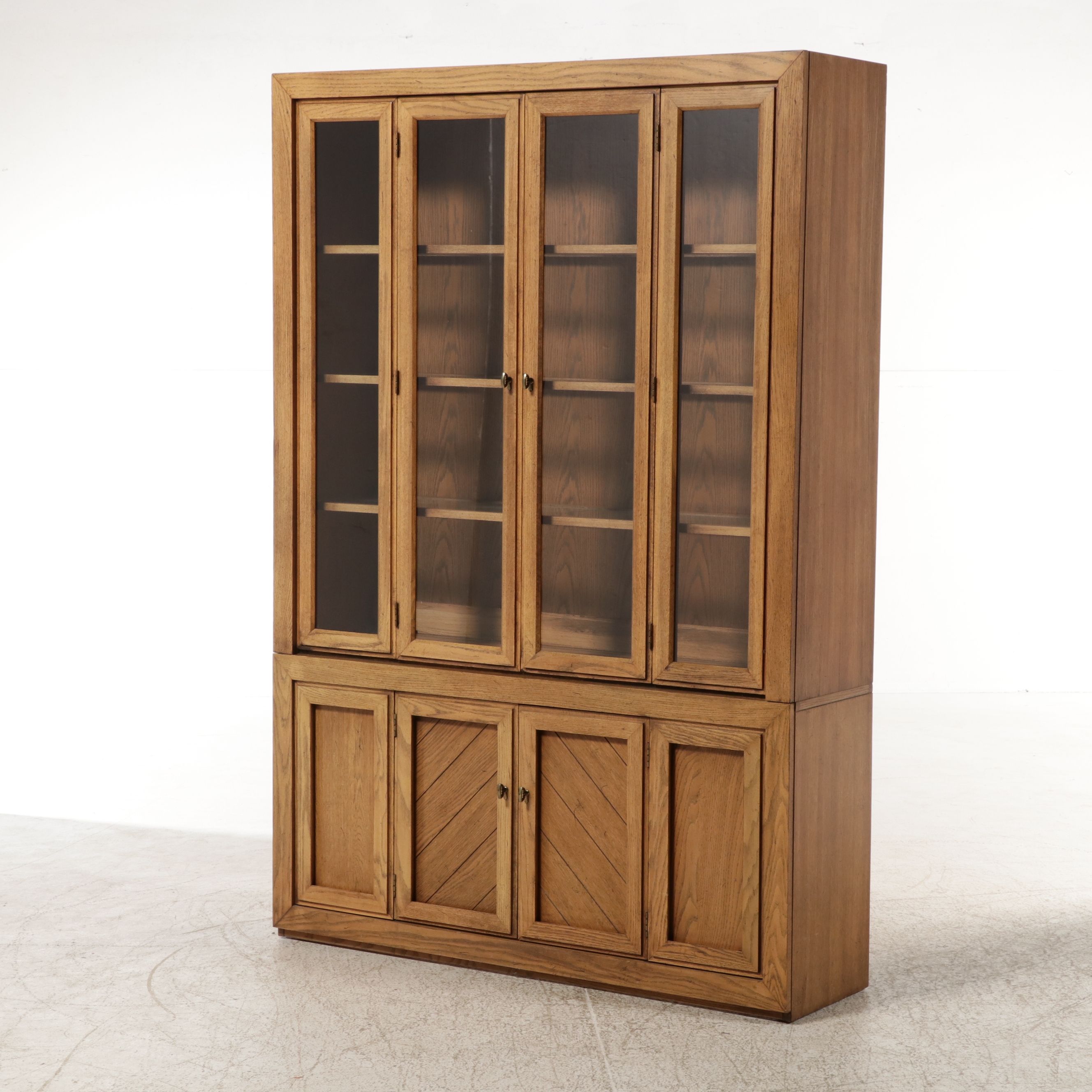Brutalist Influenced Oak Two-Piece China Cabinet with Parquetry Accents
