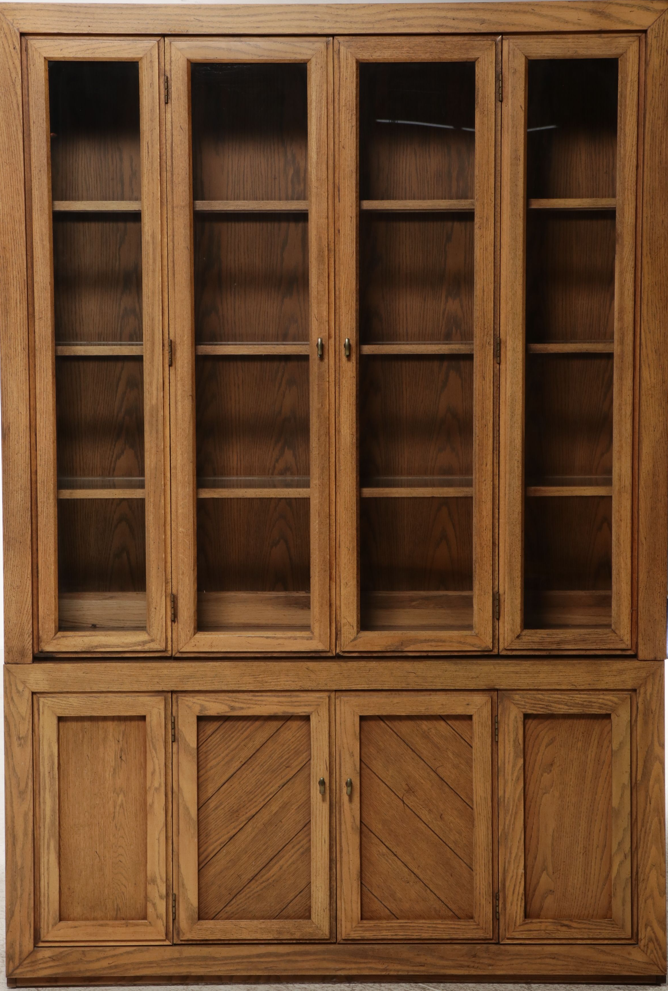 Brutalist Influenced Oak Two-Piece China Cabinet with Parquetry Accents