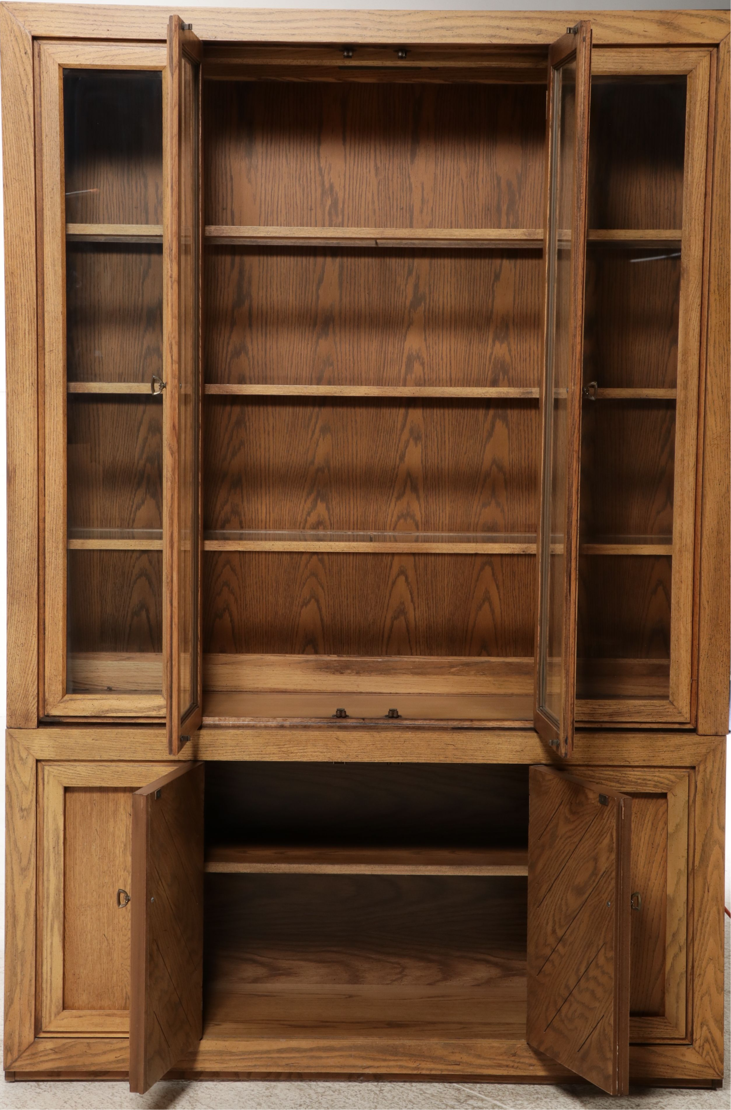 Brutalist Influenced Oak Two-Piece China Cabinet with Parquetry Accents