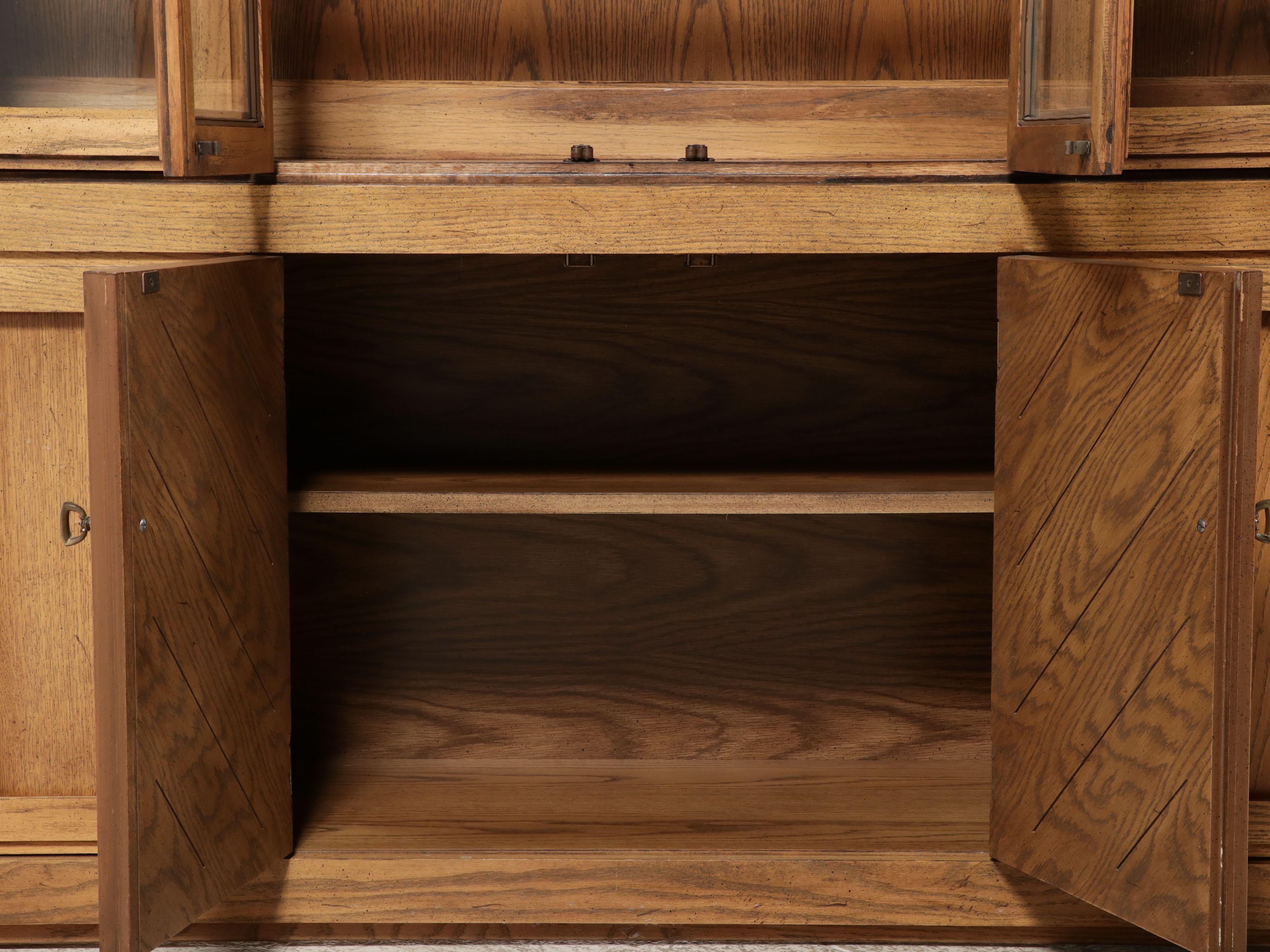 Brutalist Influenced Oak Two-Piece China Cabinet with Parquetry Accents