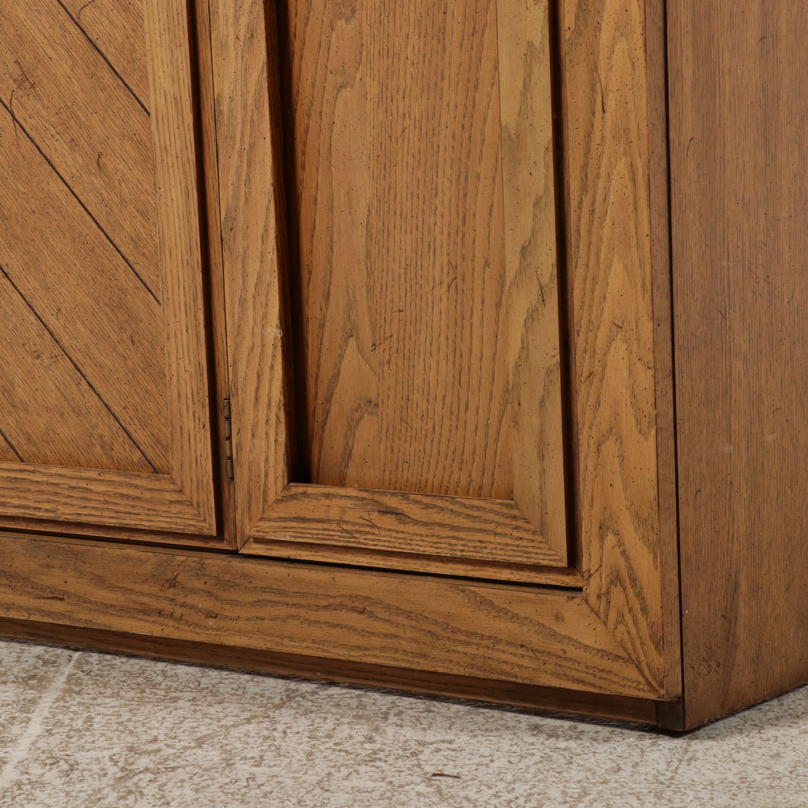 Brutalist Influenced Oak Two-Piece China Cabinet with Parquetry Accents