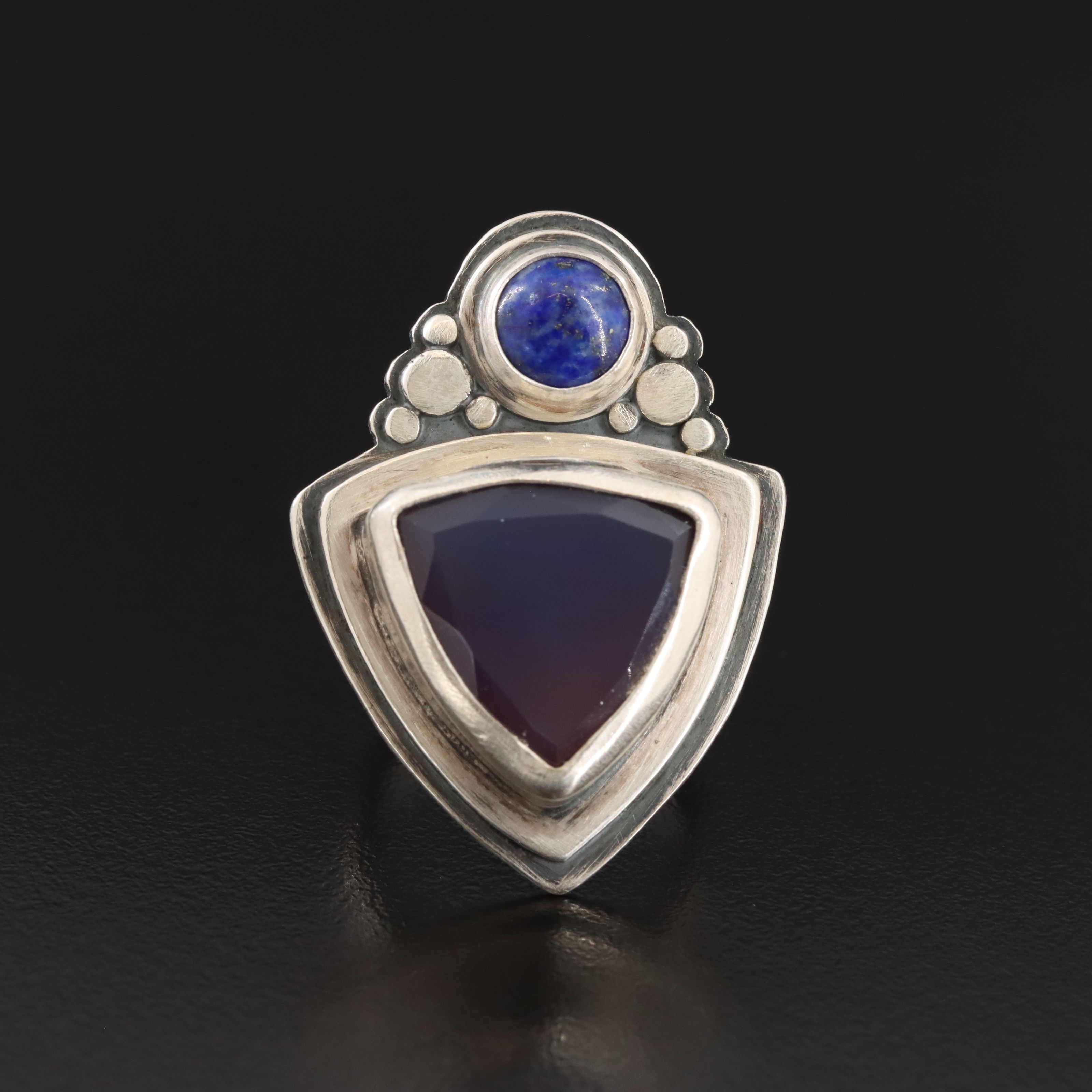Artist Signed Modernist Sterling Chalcedony and Lapis Lazuli Ring