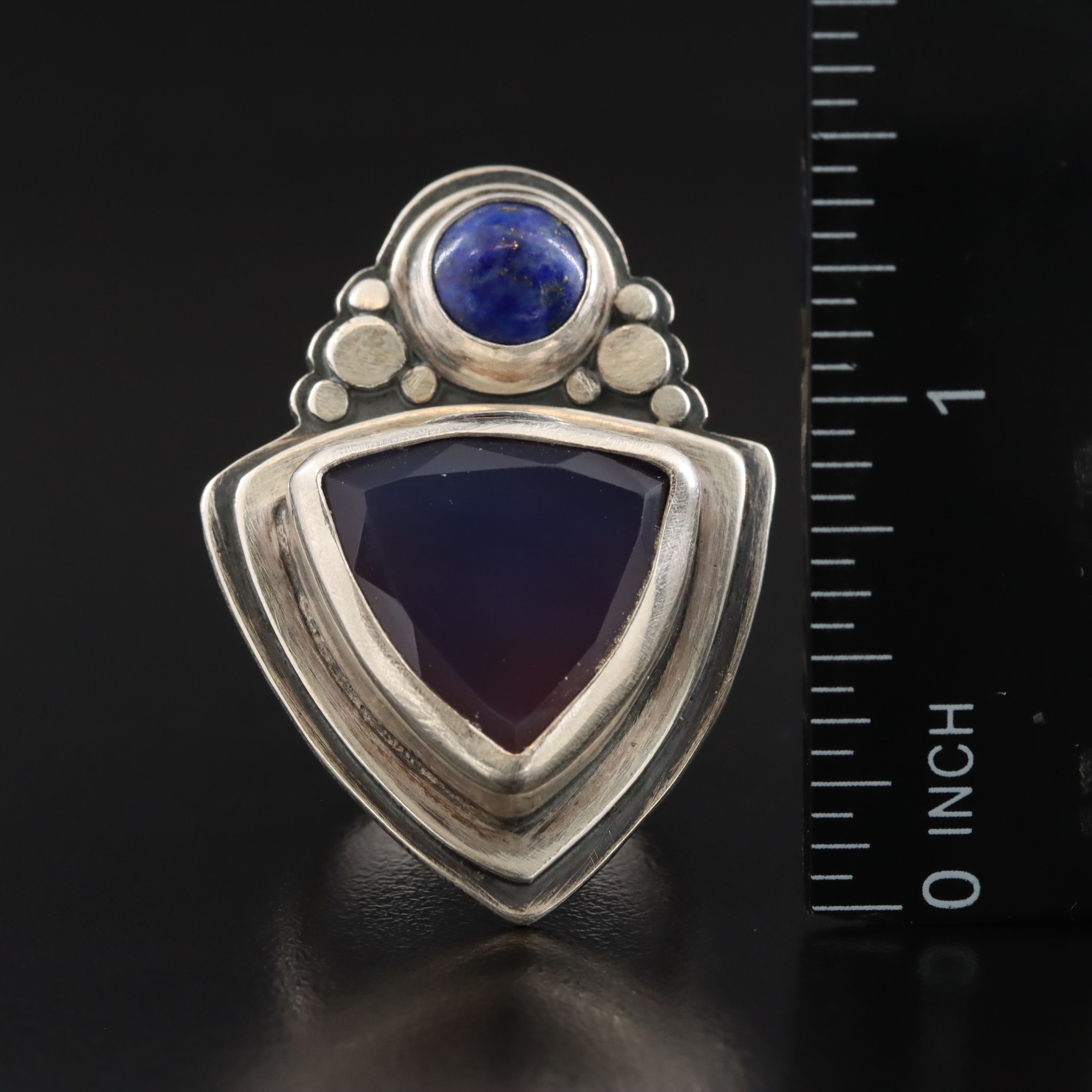Artist Signed Modernist Sterling Chalcedony and Lapis Lazuli Ring