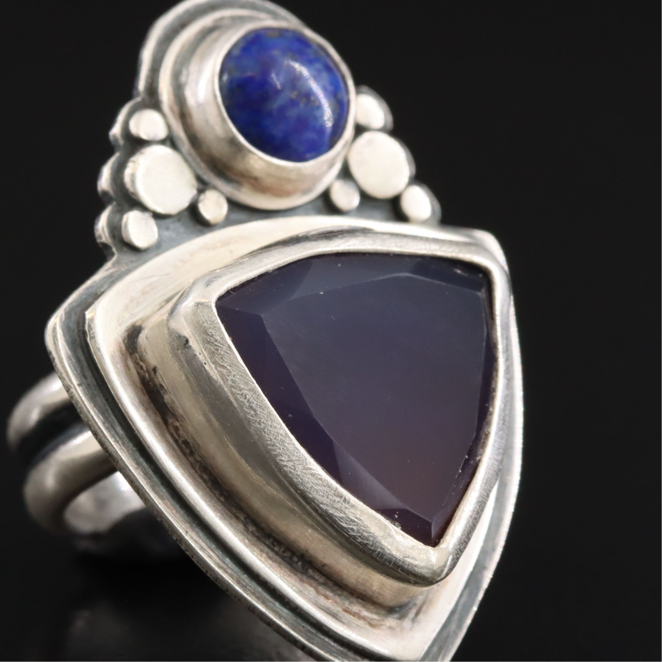 Artist Signed Modernist Sterling Chalcedony and Lapis Lazuli Ring