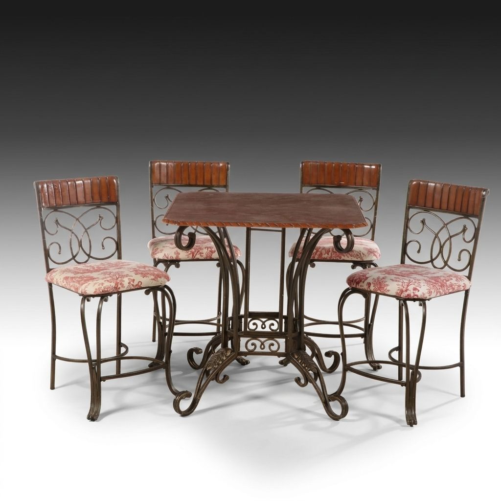 Five-Piece Tuscan Revival Wrought Iron and Wood Bistro Dining Set