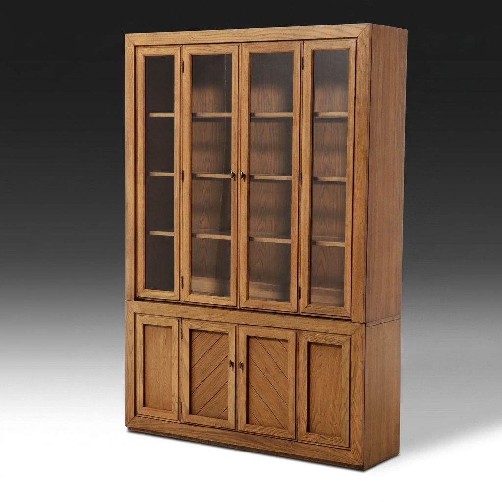 Brutalist Influenced Oak Two-Piece China Cabinet with Parquetry Accents