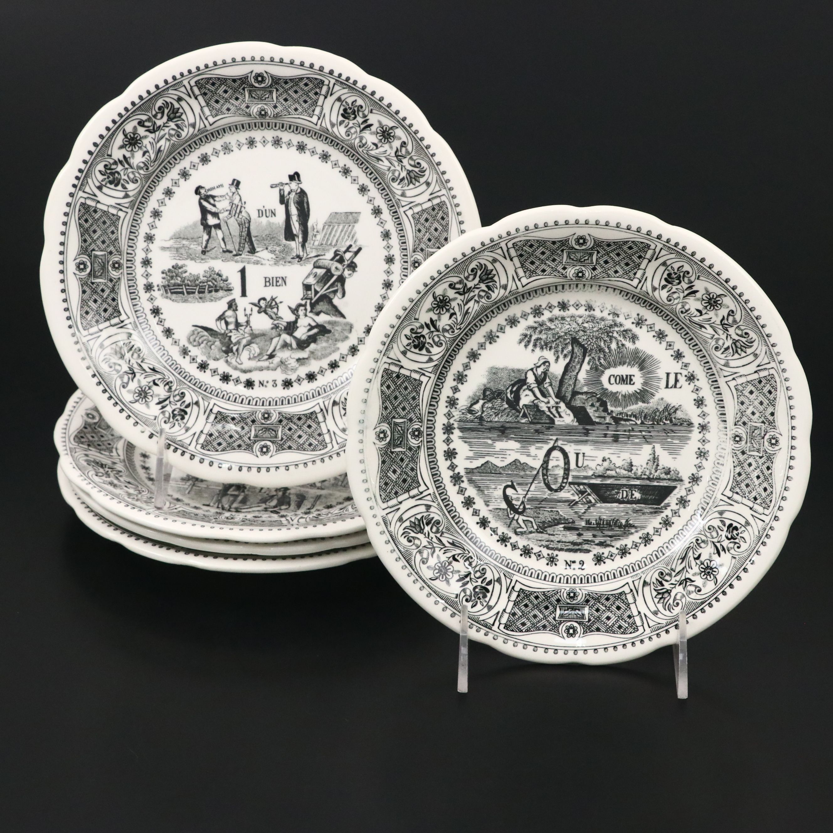 Faiencerie De Gien "Rebus Picture Puzzles" Black Transferware Plates