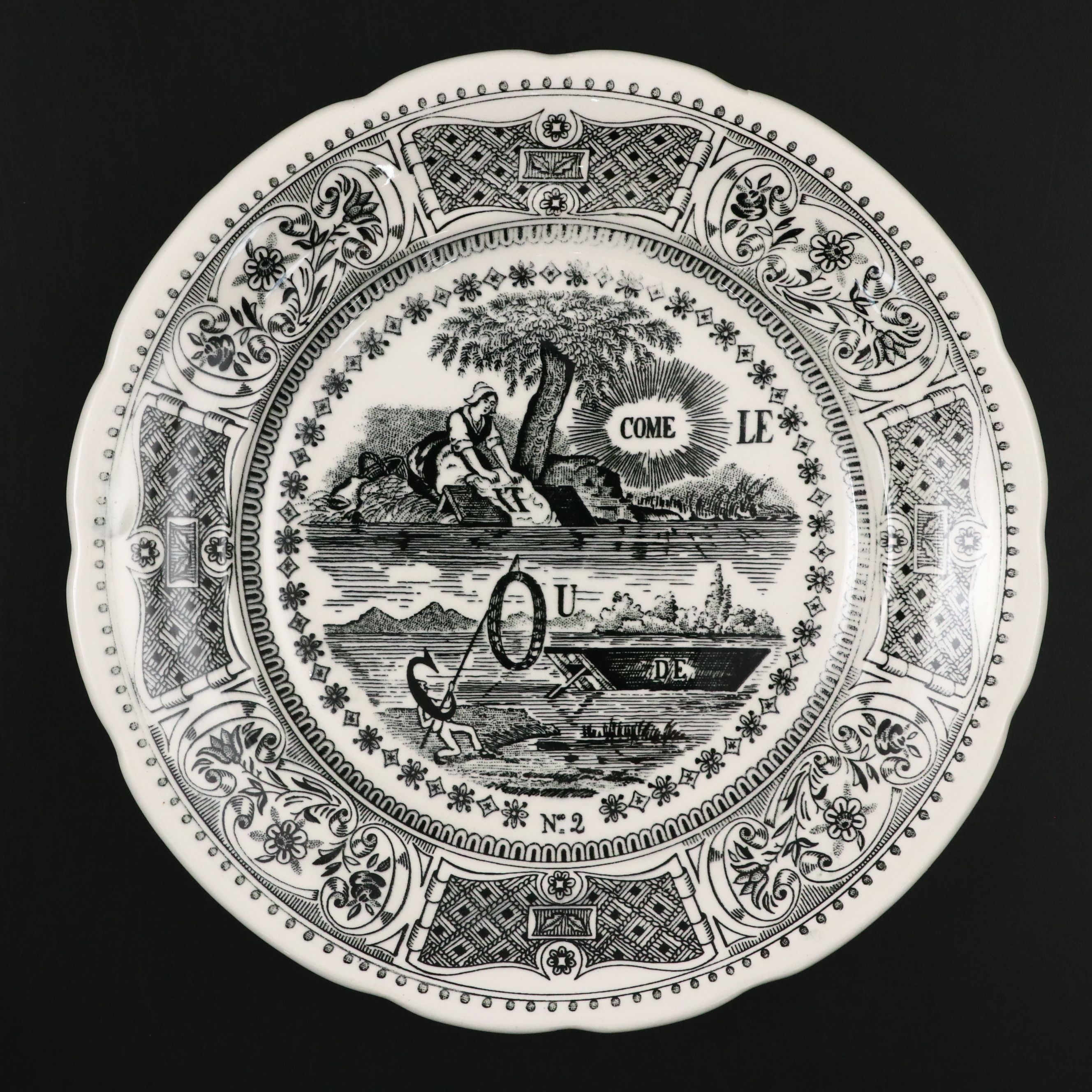 Faiencerie De Gien "Rebus Picture Puzzles" Black Transferware Plates
