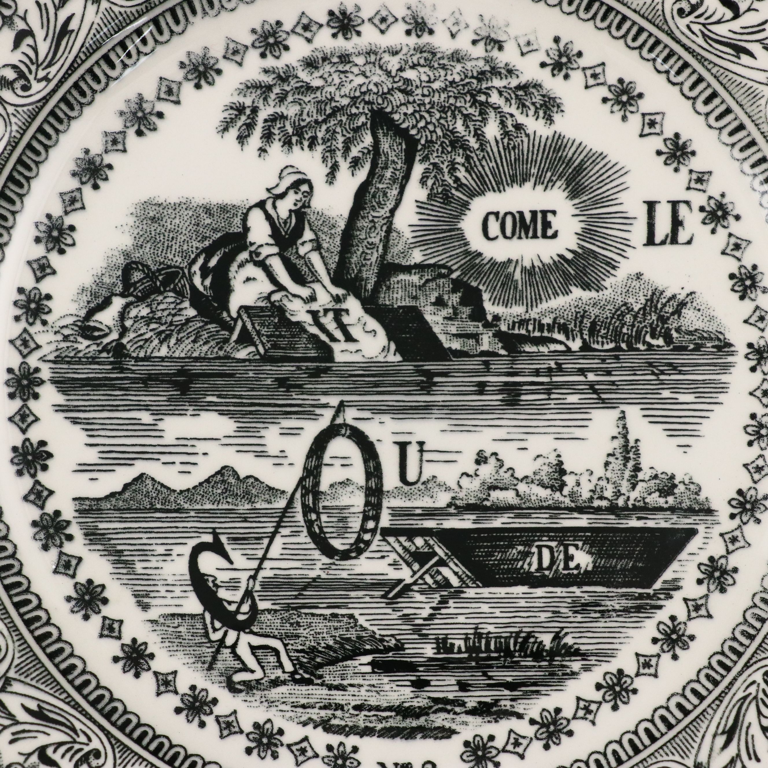 Faiencerie De Gien "Rebus Picture Puzzles" Black Transferware Plates