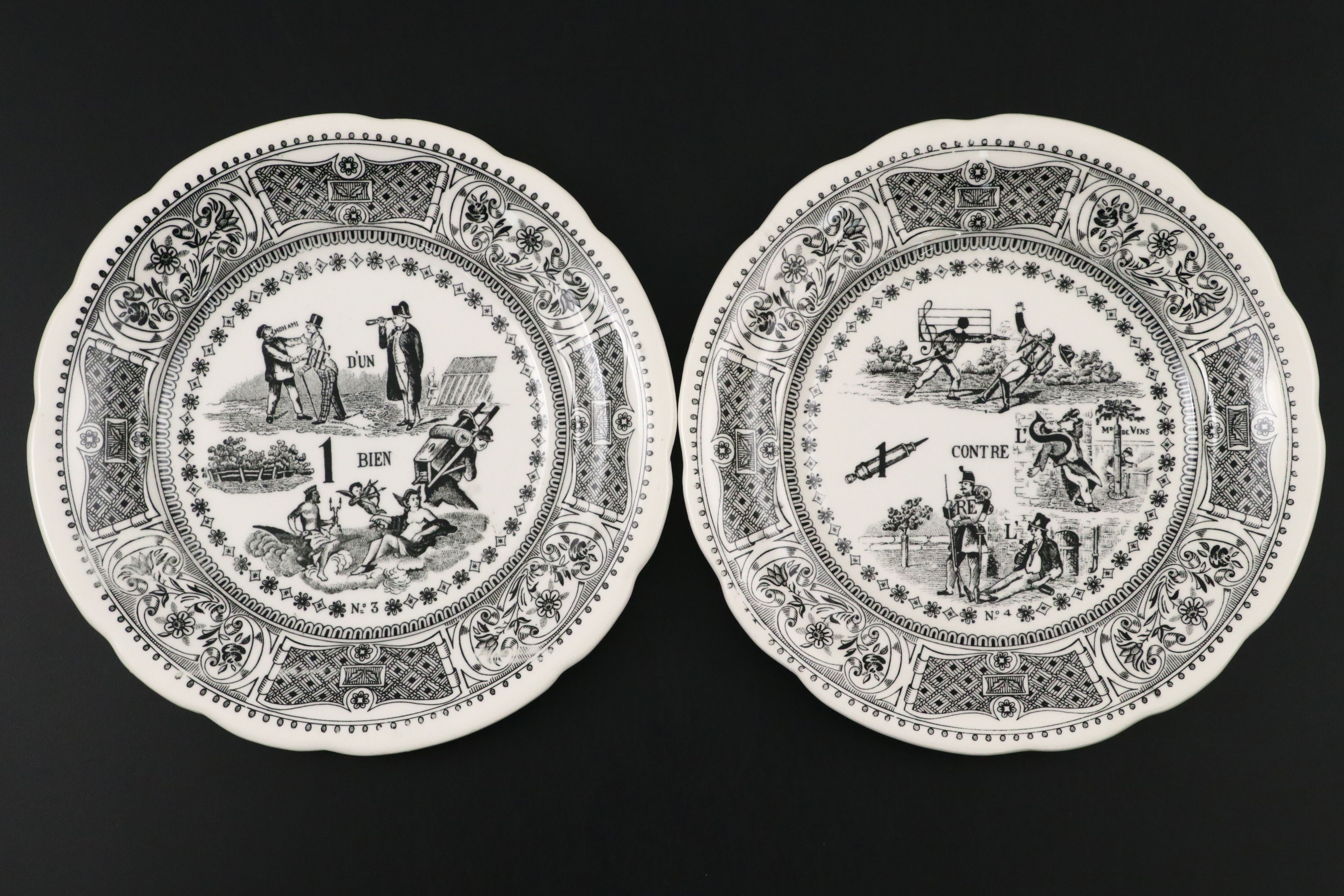 Faiencerie De Gien "Rebus Picture Puzzles" Black Transferware Plates
