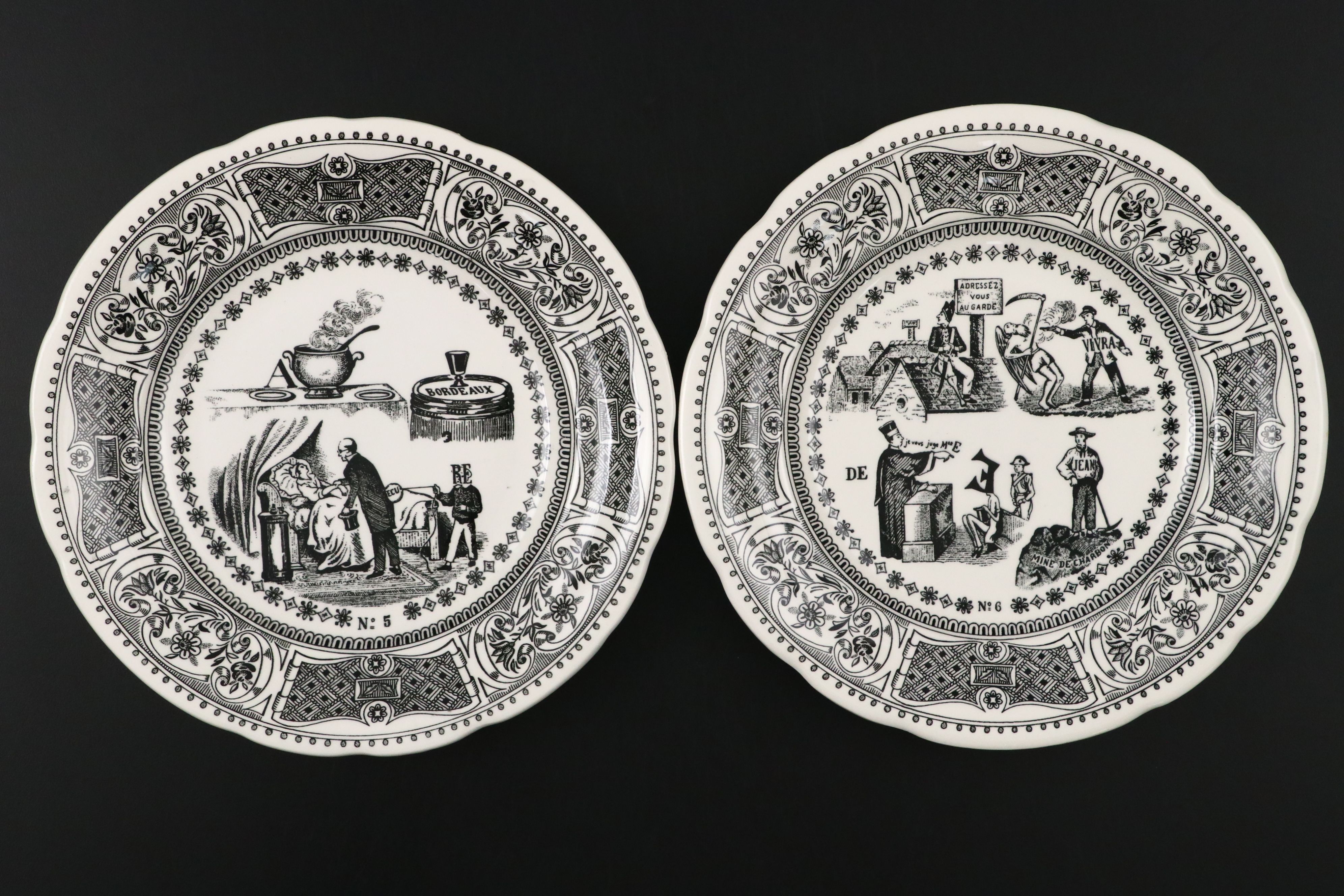 Faiencerie De Gien "Rebus Picture Puzzles" Black Transferware Plates