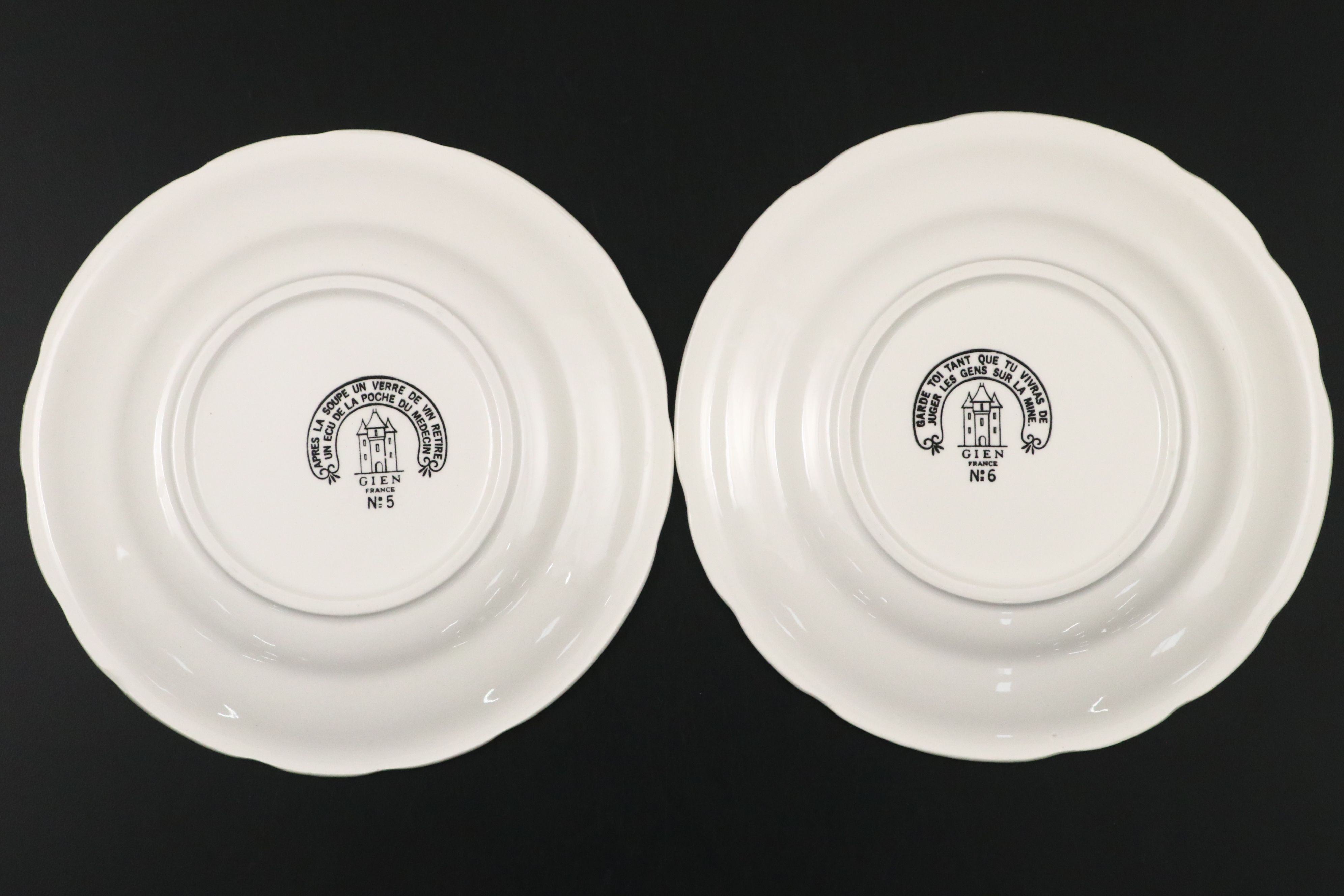 Faiencerie De Gien "Rebus Picture Puzzles" Black Transferware Plates