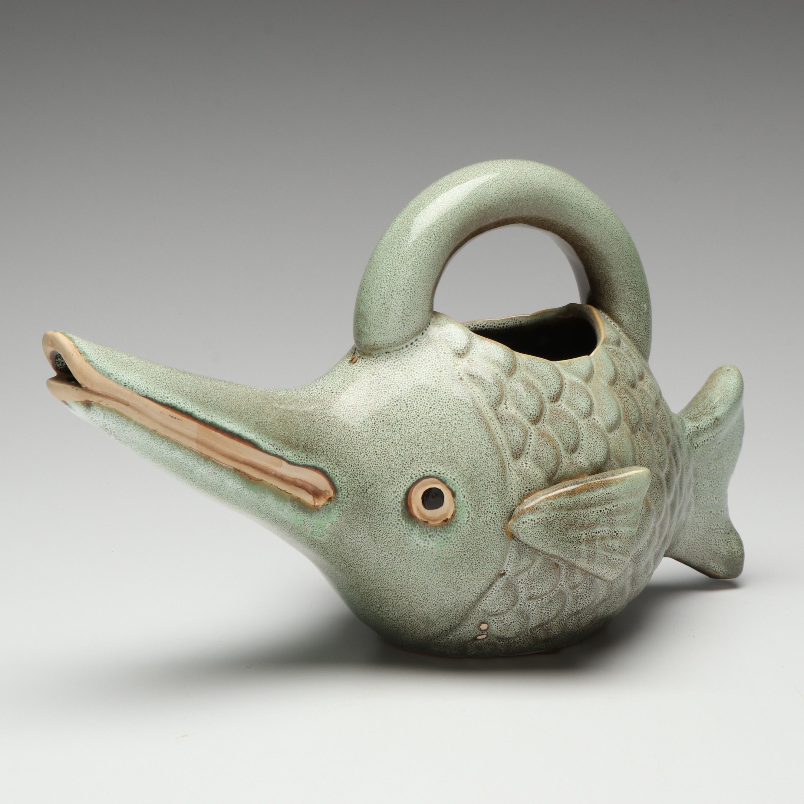 Seafoam Glazed Stoneware Gurgle Fish Pitcher