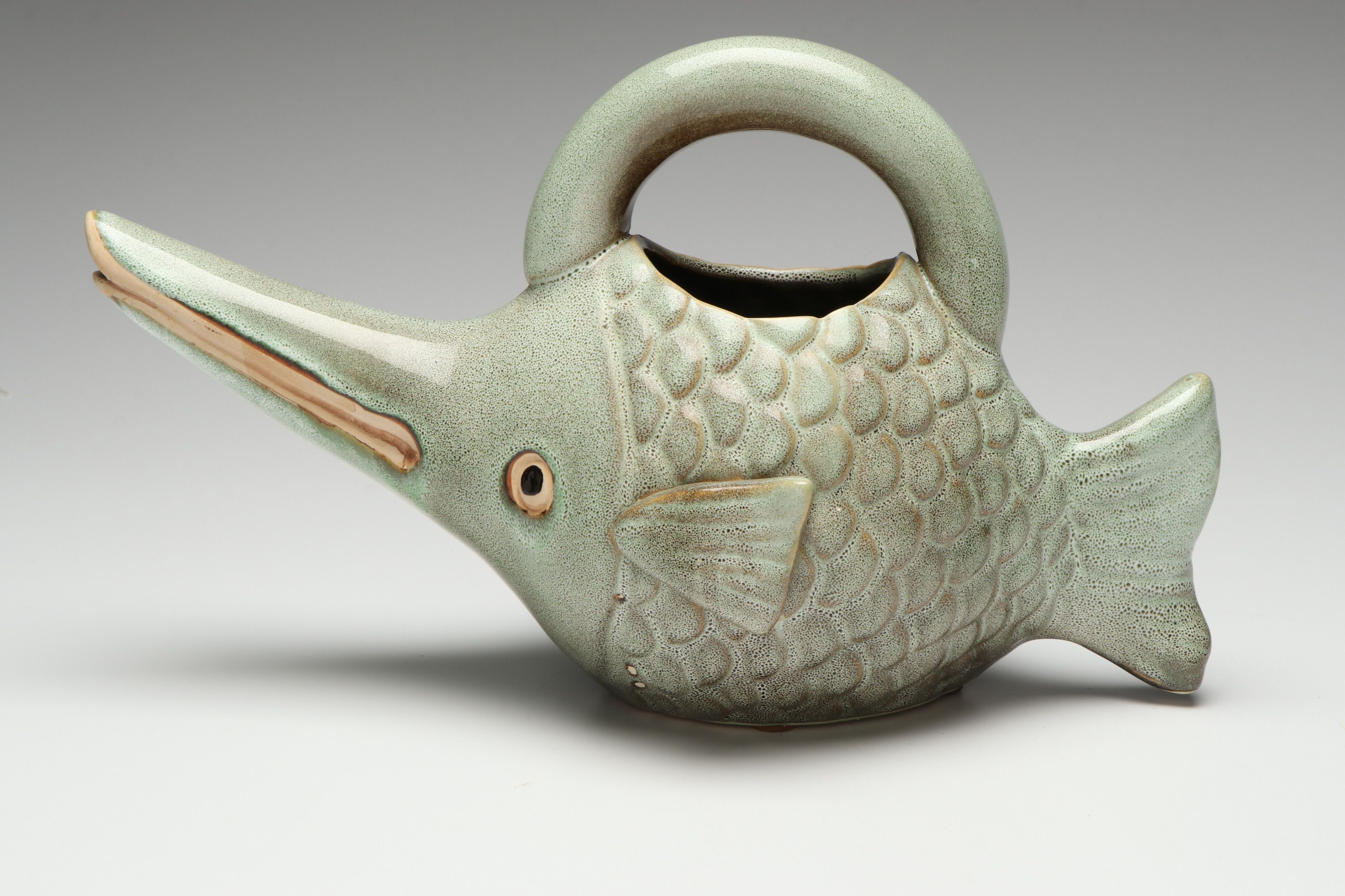 Seafoam Glazed Stoneware Gurgle Fish Pitcher