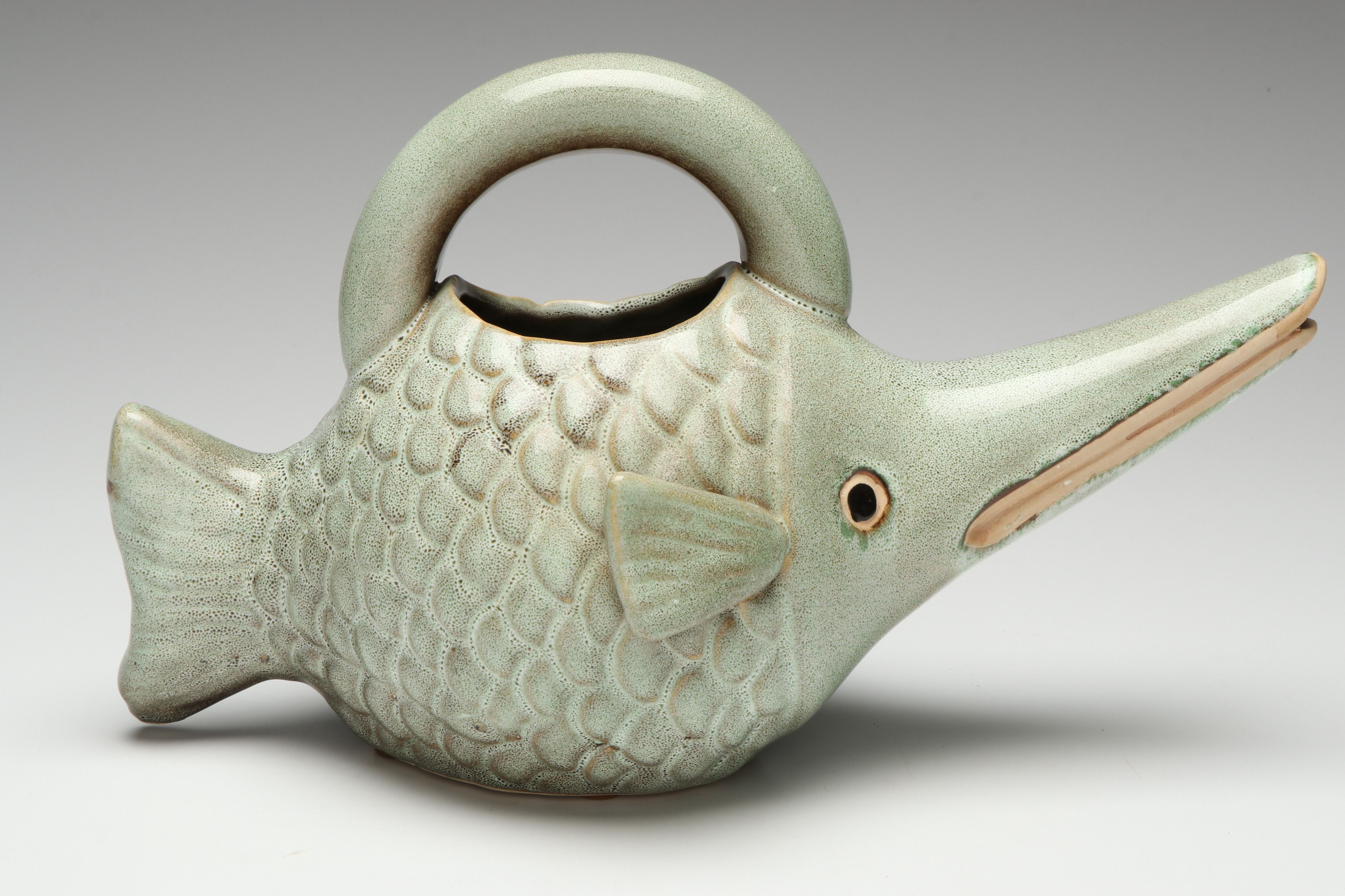 Seafoam Glazed Stoneware Gurgle Fish Pitcher