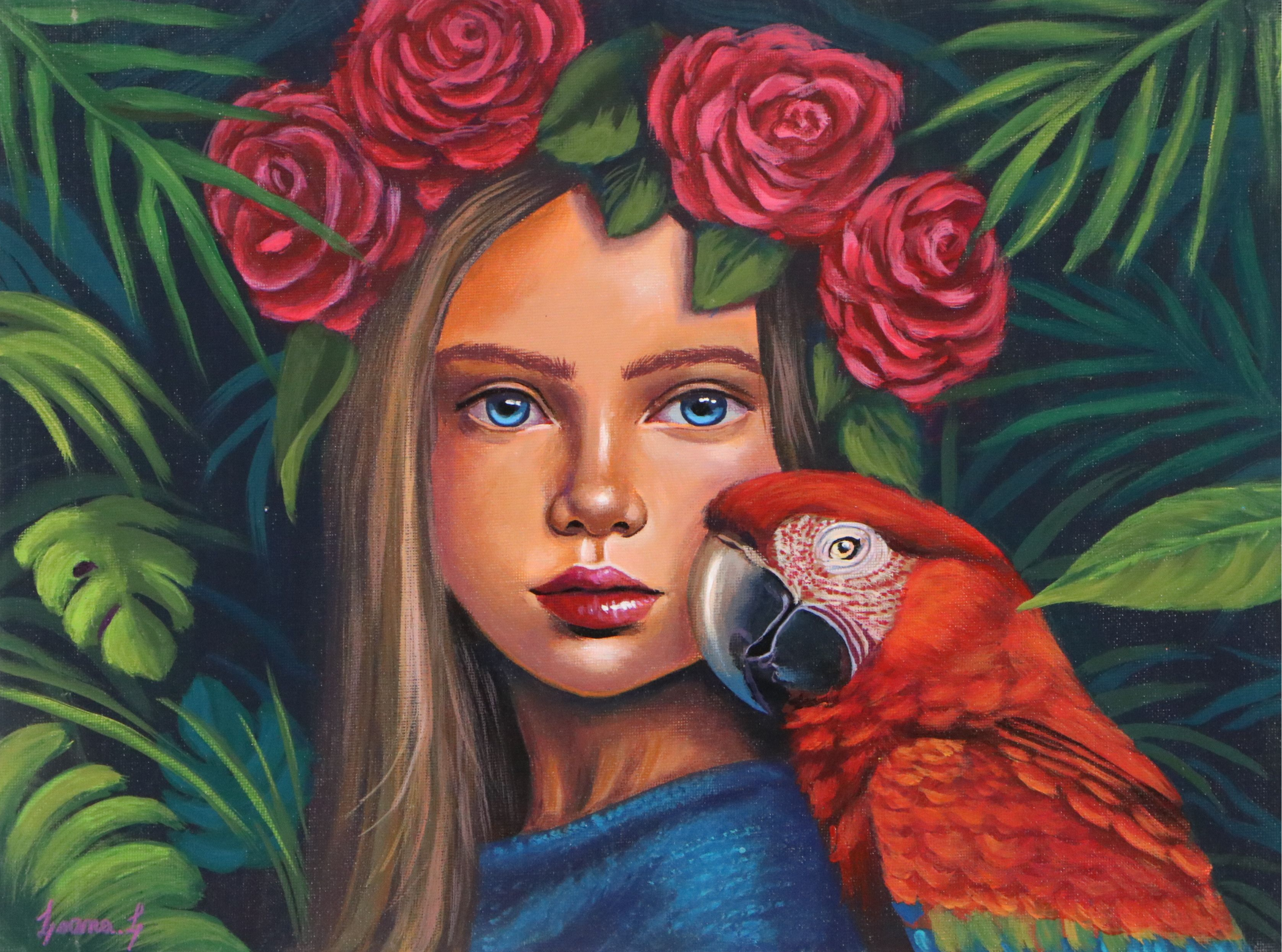 Loana Lopez Oil Portrait Painting of Girl with Macaw