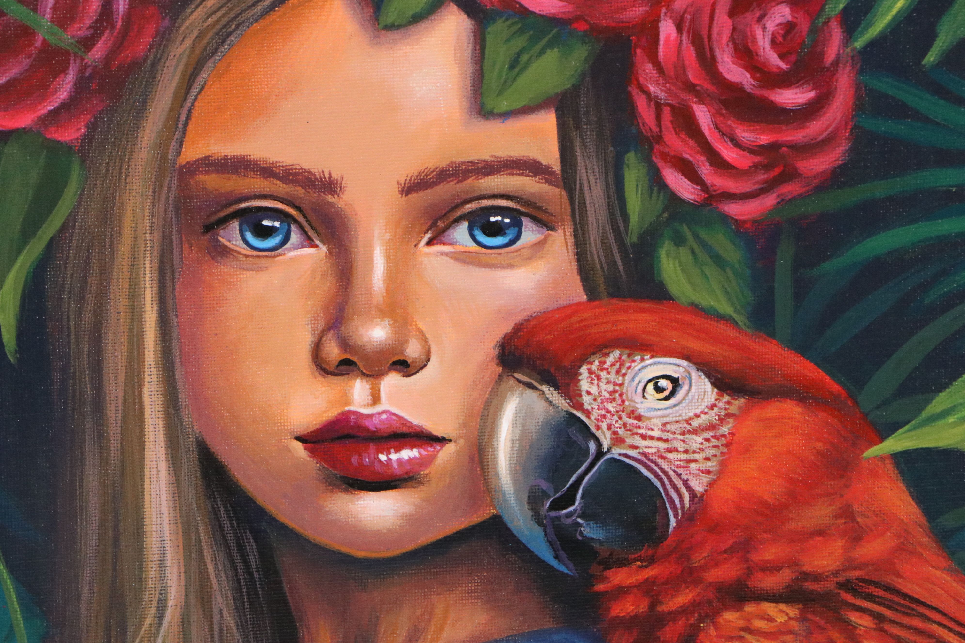 Loana Lopez Oil Portrait Painting of Girl with Macaw